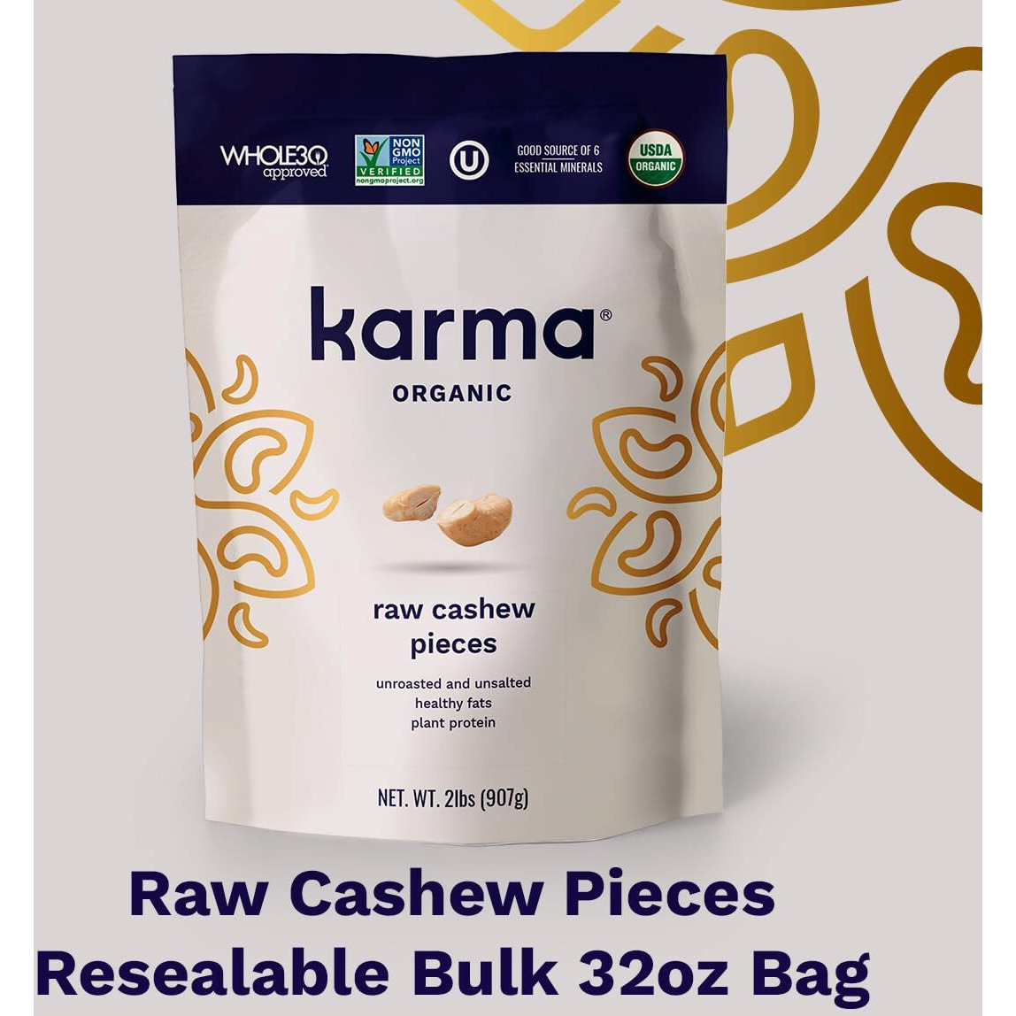 Raw Cashew Pieces By Karma Nuts, Roasted, Vegan, Gluten Free, Low Net Carb, Natural, Everyday Nut Snack, Great For Baking, Resealable Bulk 32Oz Bag