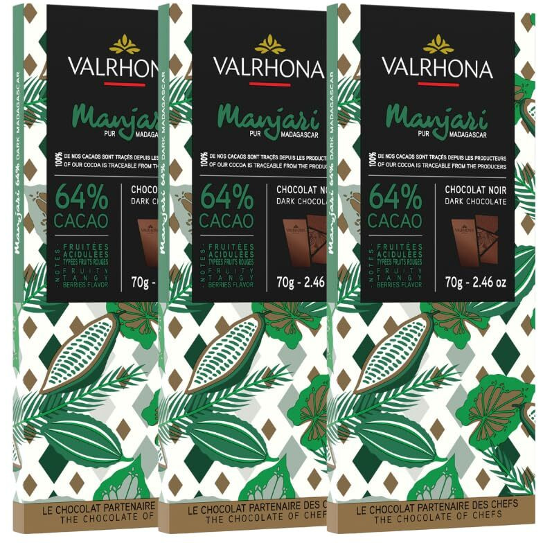 Valrhona Dark Chocolate Manjari, 64% Cacao Tasting Bars - Gourmet French Chocolate, Tangy And Fruity Notes. Single Origin Madagascar. Premium Couverture, The Perfect Baking Bar 70G (Pack Of 3)