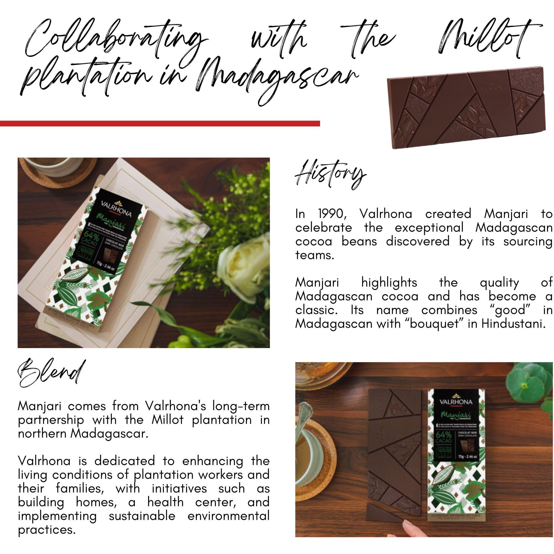 Valrhona Dark Chocolate Manjari, 64% Cacao Tasting Bars - Gourmet French Chocolate, Tangy And Fruity Notes. Single Origin Madagascar. Premium Couverture, The Perfect Baking Bar 70G (Pack Of 3)