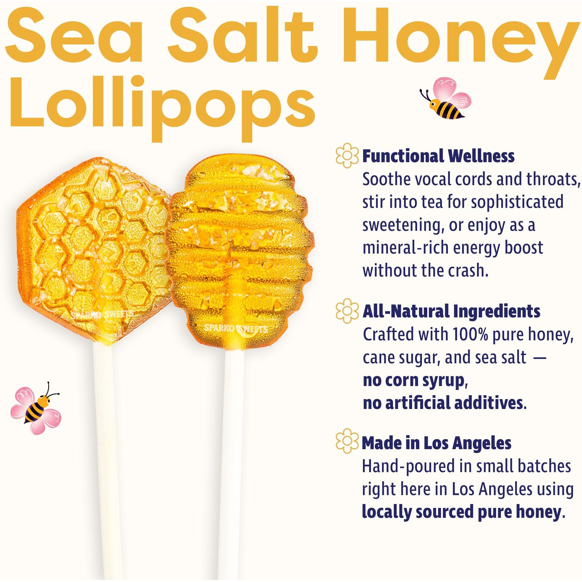 Sparko Sweets Sea Salt Honeycomb Lollipops, Made In Usa, No Artificial Ingredients, No Corn Syrup, 16 Pieces, 1.3-Inch Diameter, 1.5 Lbs, Gold - Ideal For Tea Stirrers, Sore Throat Remedy, And Gifts
