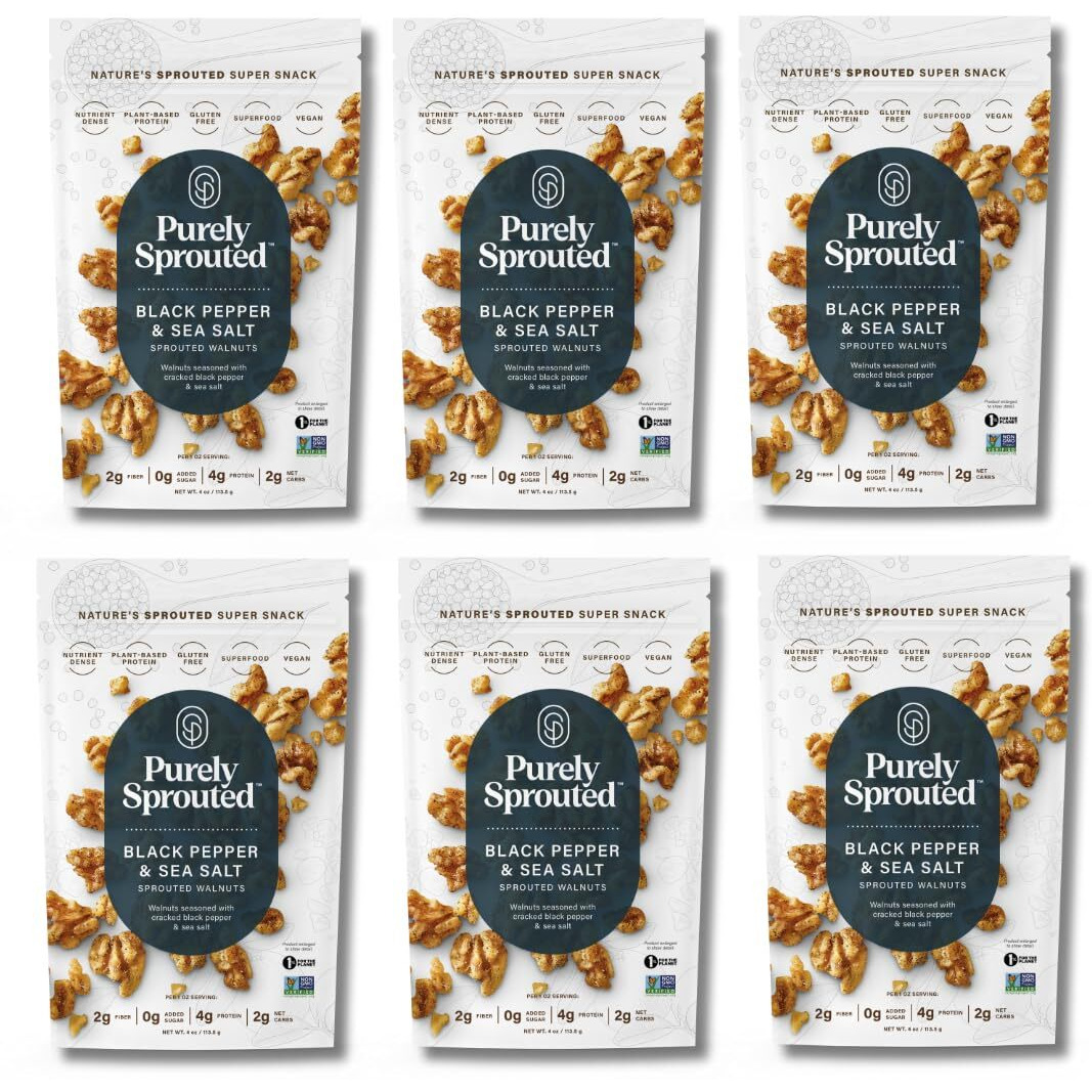 Purely Sprouted Black Pepper & Sea Salt Sprouted Walnuts, Non-Gmo Superfood For Healthy, Certified Usda Organic, Gluten-Free Snacking (4 Oz, 6 Pack)