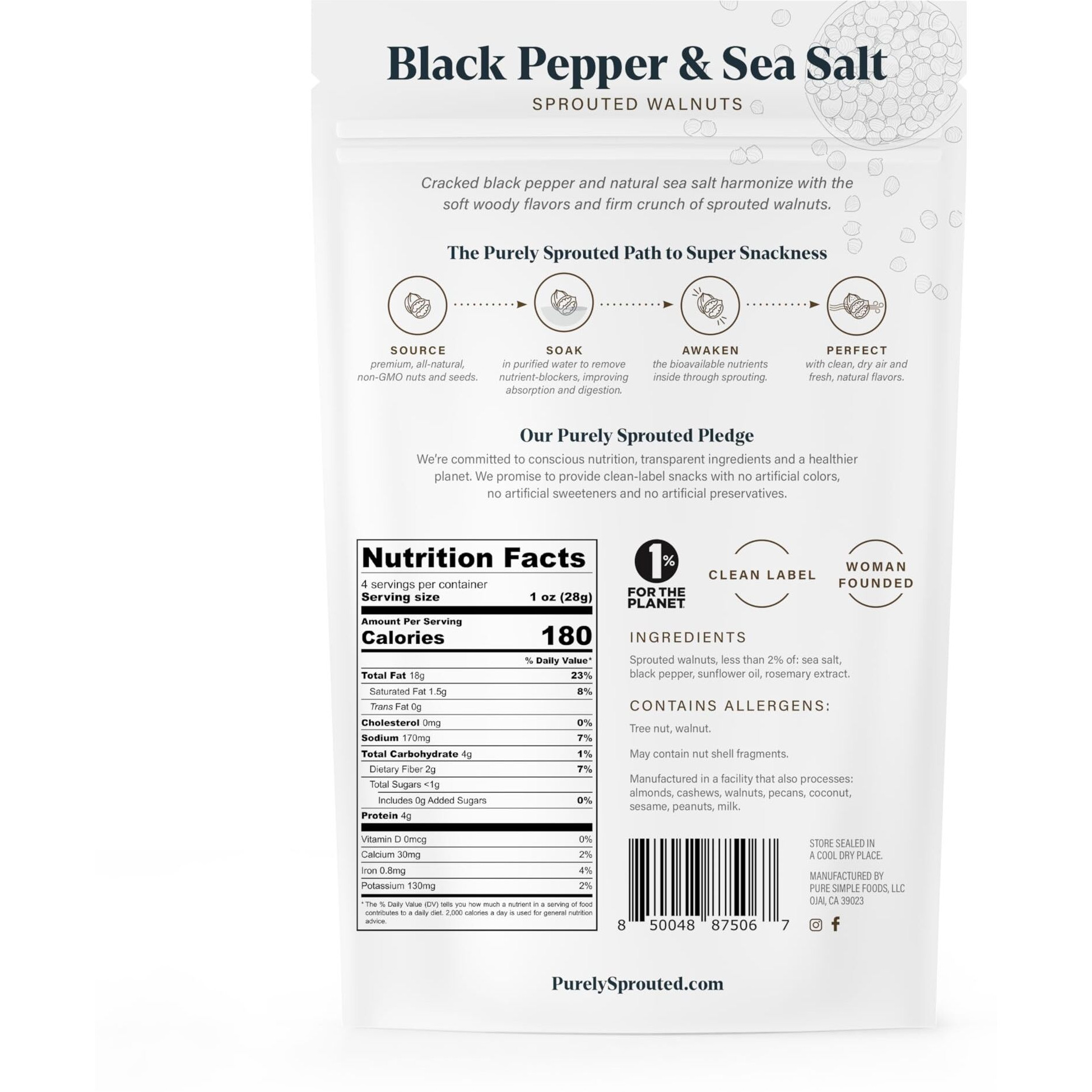 Purely Sprouted Black Pepper & Sea Salt Sprouted Walnuts, Non-Gmo Superfood For Healthy, Certified Usda Organic, Gluten-Free Snacking (4 Oz, 6 Pack)