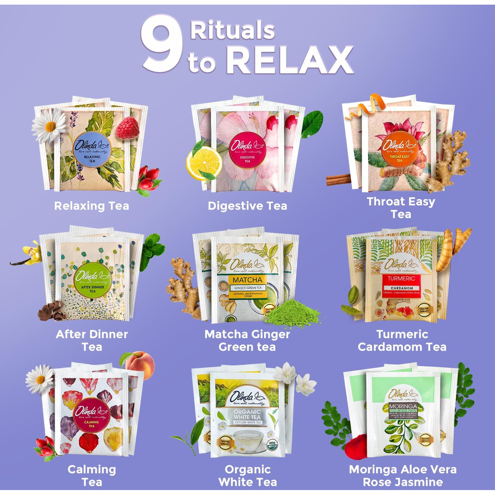 Olinda Relax Tea Gift Box 100% Organic Tea Bags Low Caffeine Throat Digestive White Tea Samplers Natural Herbal Gift Set Premium 9 Vareity Individually Wrapped 45 Tea Bags 1 Tea Box Tea Gifts For Women
