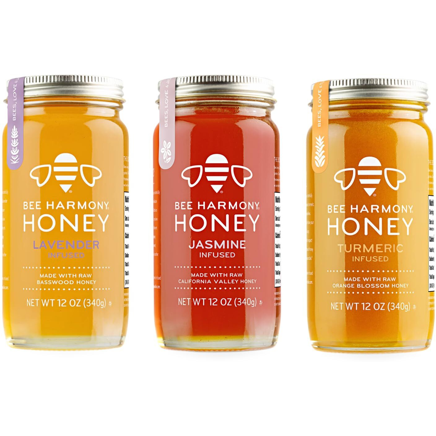 Bee Harmony Floral Infused Raw Honey Variety Pack, (Lavender, Jasmine, And Turmeric), 12 Oz Each