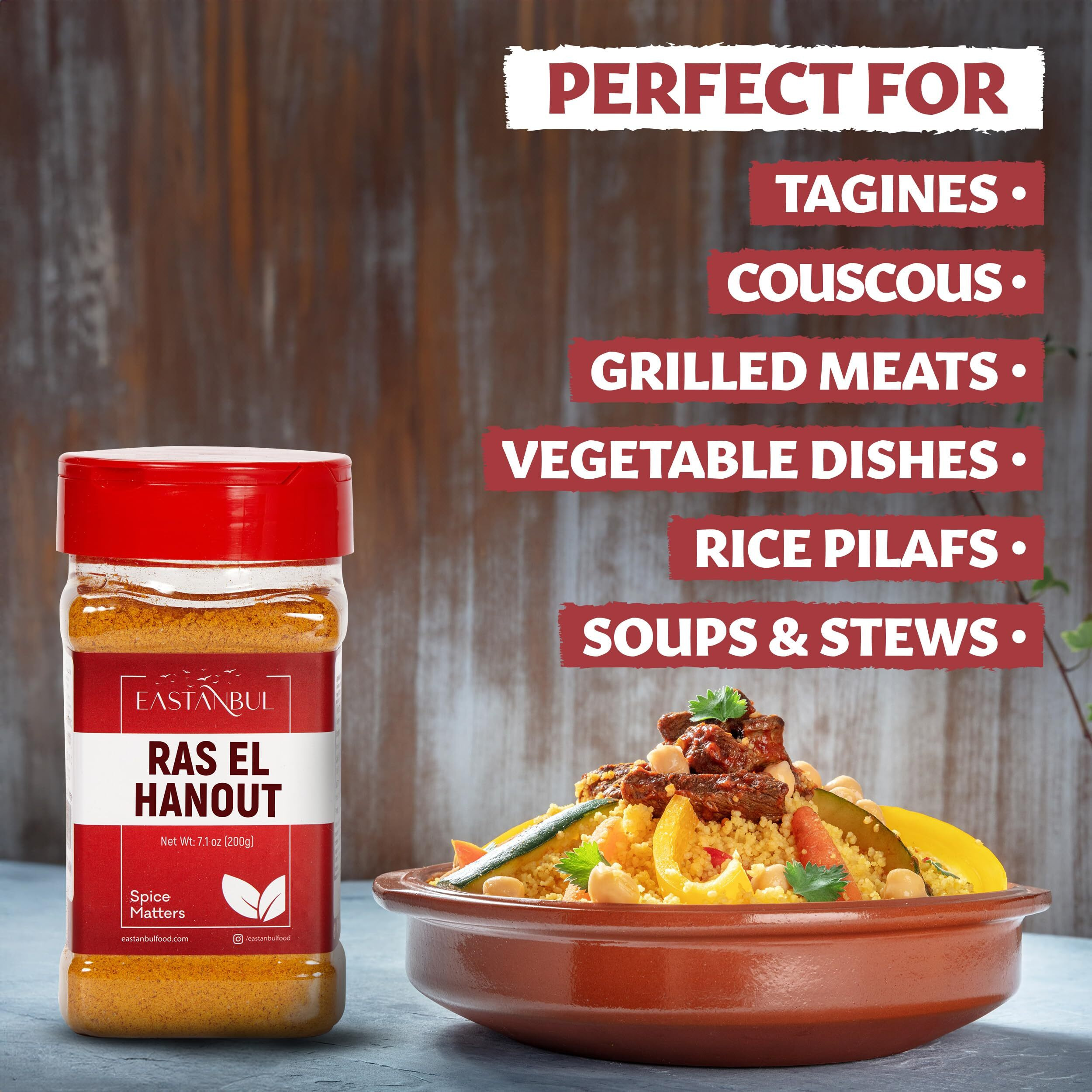 Eastanbul Ras El Hanout, 7.1 Oz Ras El Hanout Spice, All-In-One Ras El Hanout Moroccan Spice Blend, North African Baharat Spice Blend, Farm Fresh International Seasoning Blends, Ras Al Hanout Spice