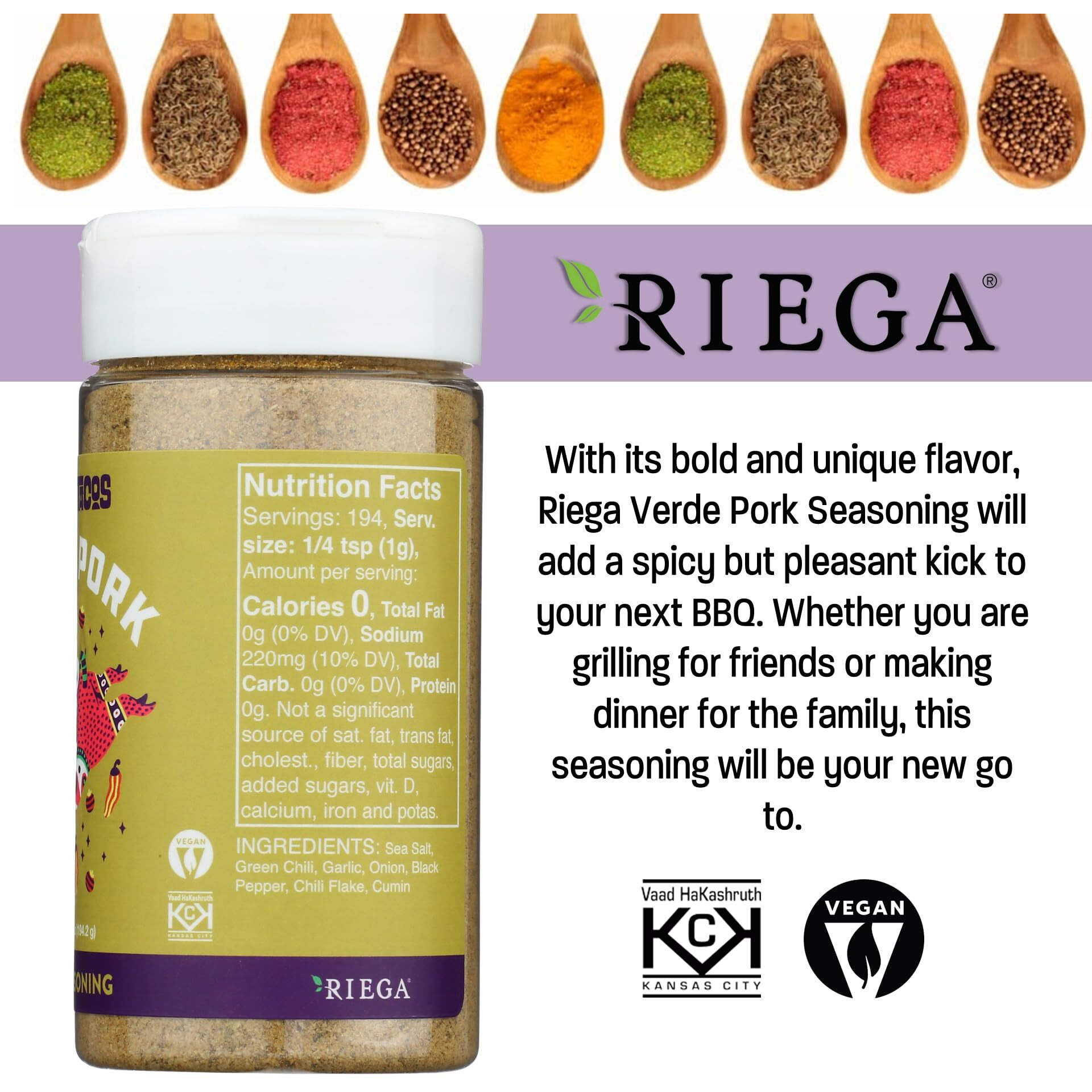 Riega Street Taco Grill Seasoning, Verde Pork, 6.85 Oz (Pack Of 1)