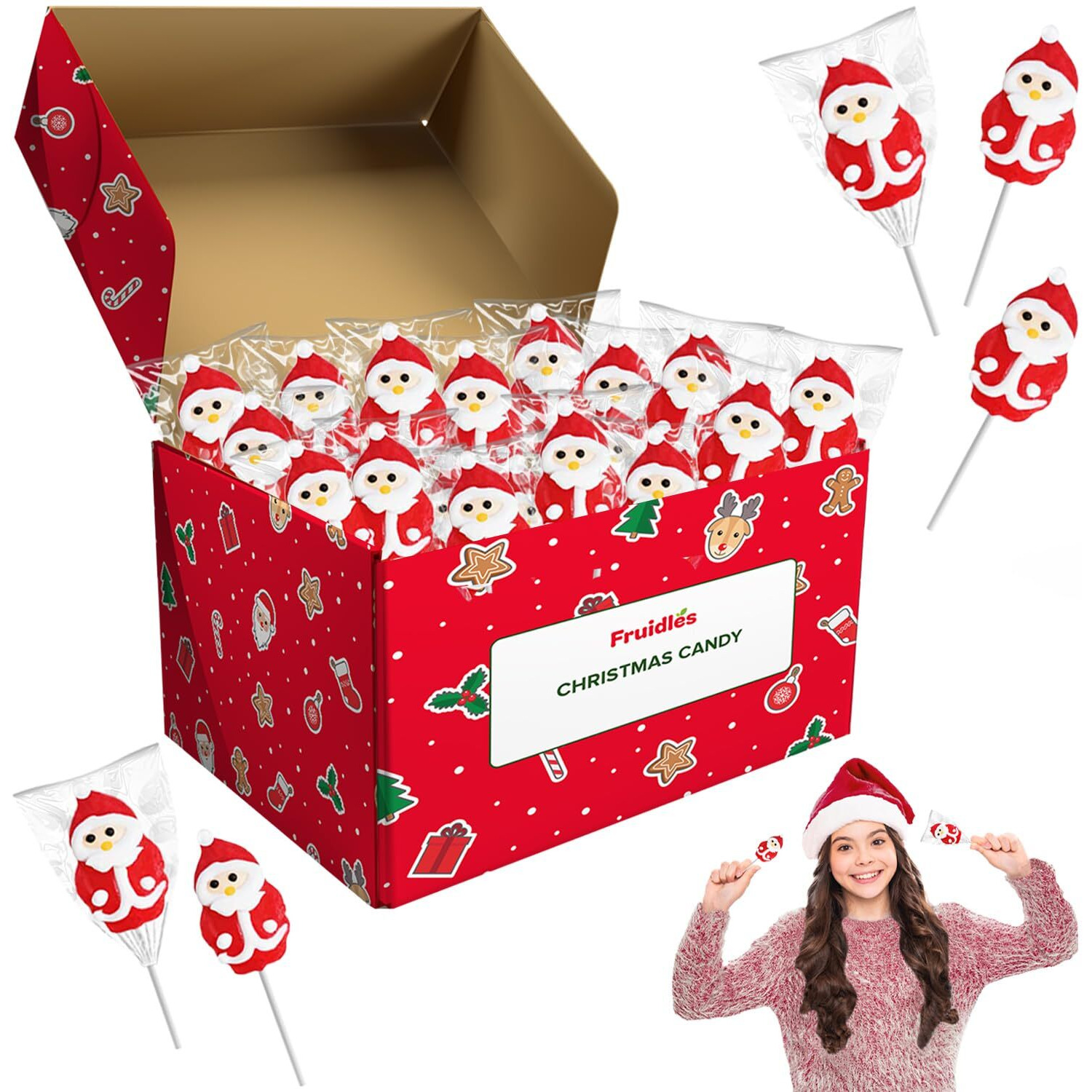 Fruidles Christmas Santa Lollipop, Santa Clause, Candy Canes Suckers, Mixed Fruit Flavor, Individually Wrapped Lollipops (12-Pac)