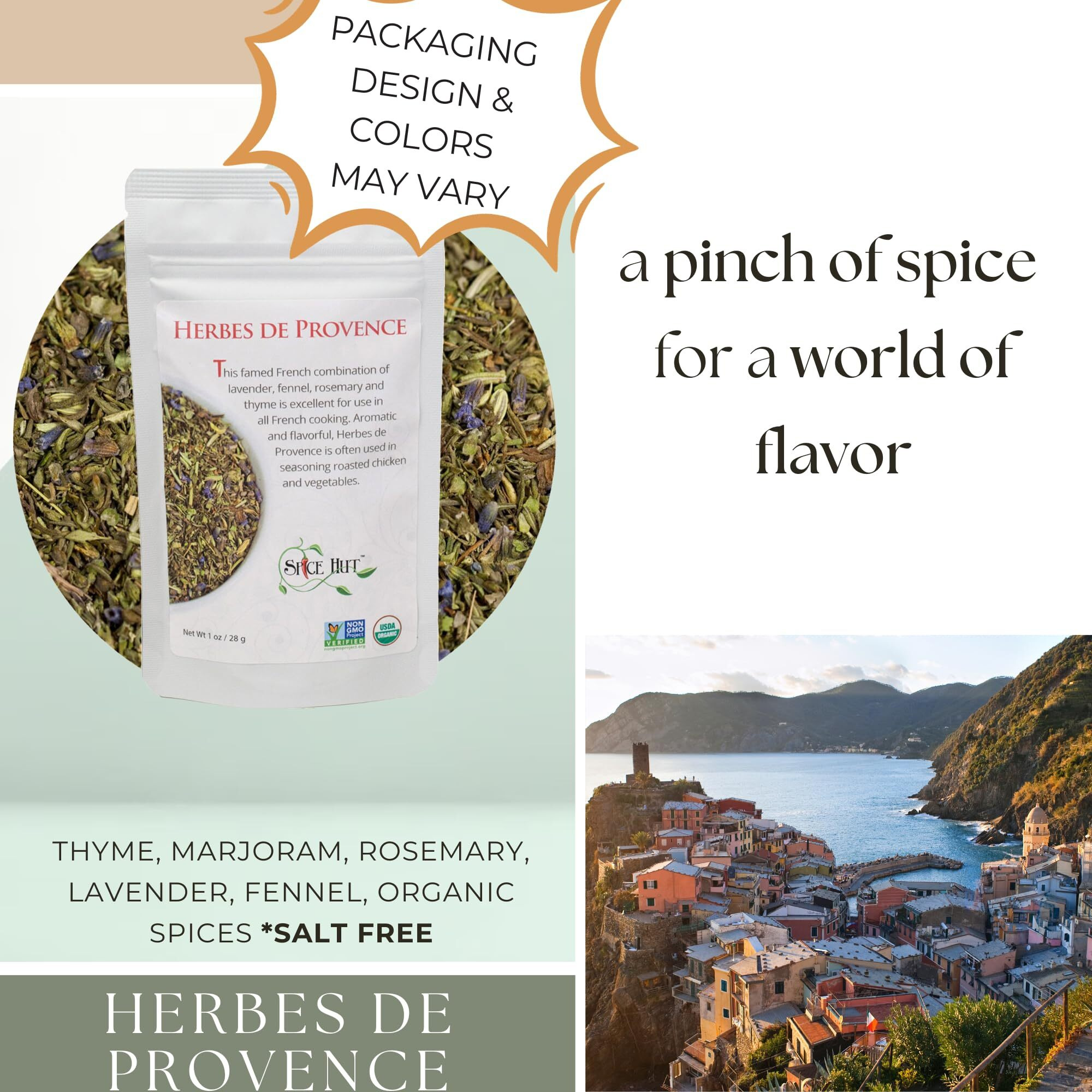 Spice Hut - Organic Herbes De Provence Seasoning Mix With Lavender, Salt Free, Authentic Provencal Blend- French Herbs De Provence Spice For Cooking Roasted Chicken, Vegetables, Soup / All-Natural, Kosher, Vegan, Gluten Free, Keto -No Msg- 1Oz Pack