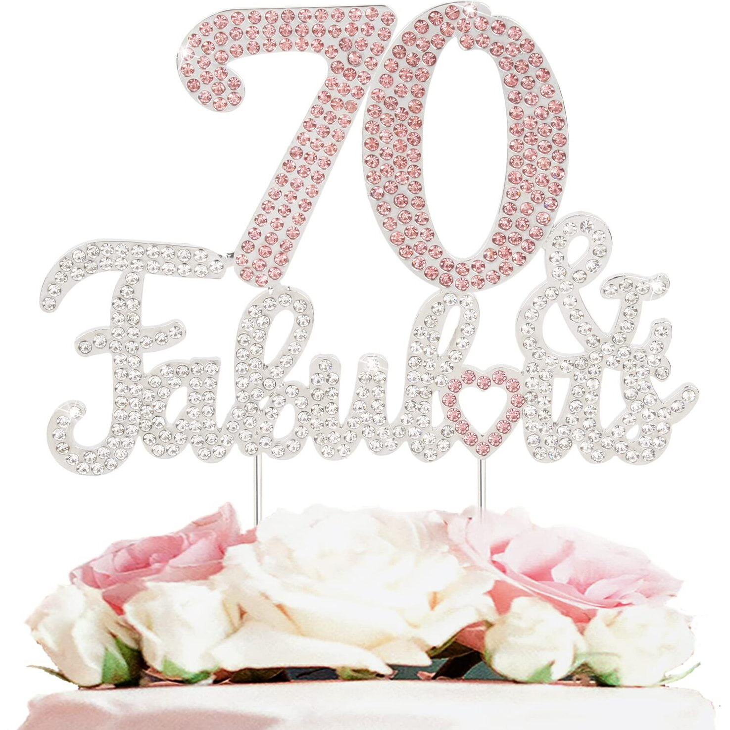 Laskyer 70 & Fabulous Silver Pink Rhinestone Cake Topper - Happy 70Th Birthday Cheers To Seventy Years Old Bday Party Metal Sparkly Food Centerpieces Topper Decorations Keepsake.