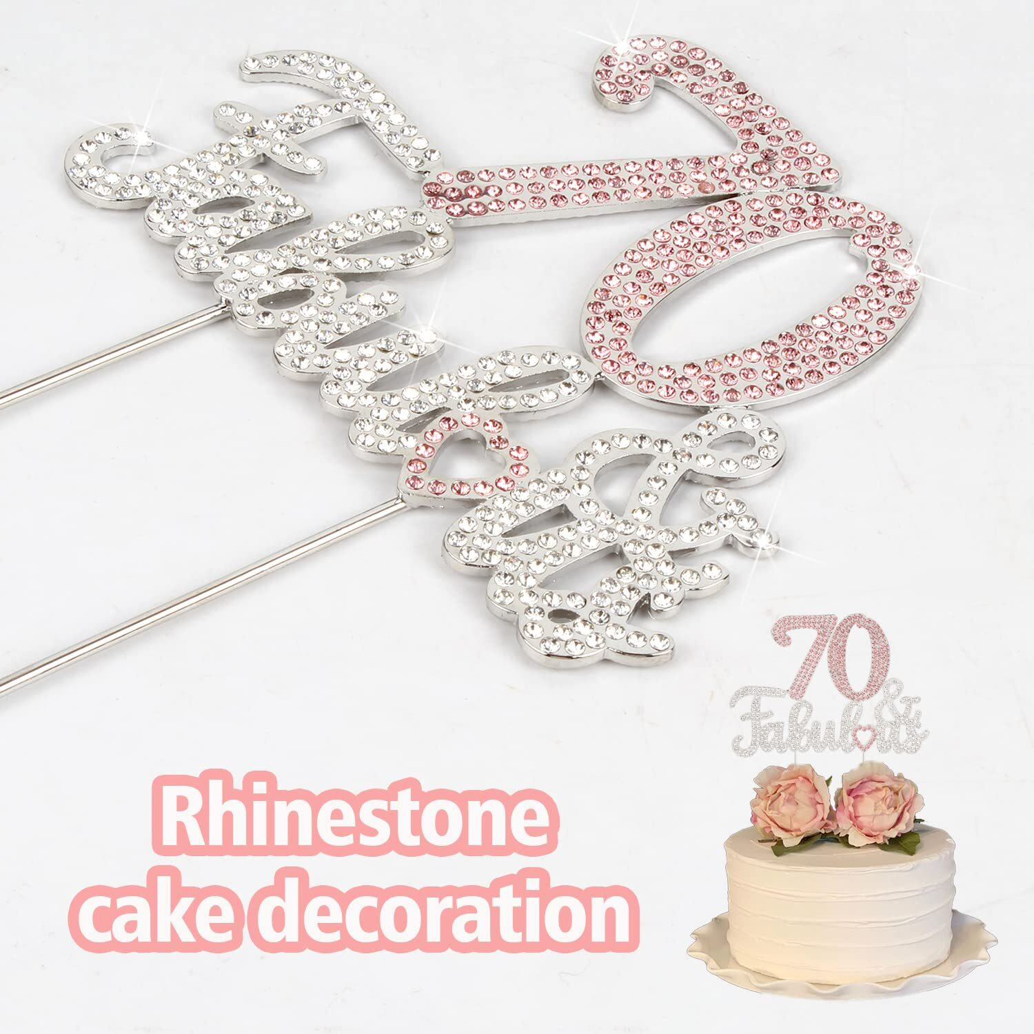 Laskyer 70 & Fabulous Silver Pink Rhinestone Cake Topper - Happy 70Th Birthday Cheers To Seventy Years Old Bday Party Metal Sparkly Food Centerpieces Topper Decorations Keepsake.