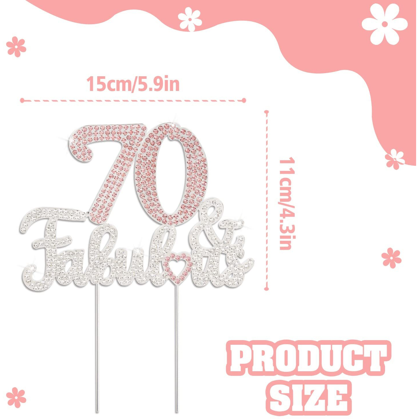 Laskyer 70 & Fabulous Silver Pink Rhinestone Cake Topper - Happy 70Th Birthday Cheers To Seventy Years Old Bday Party Metal Sparkly Food Centerpieces Topper Decorations Keepsake.