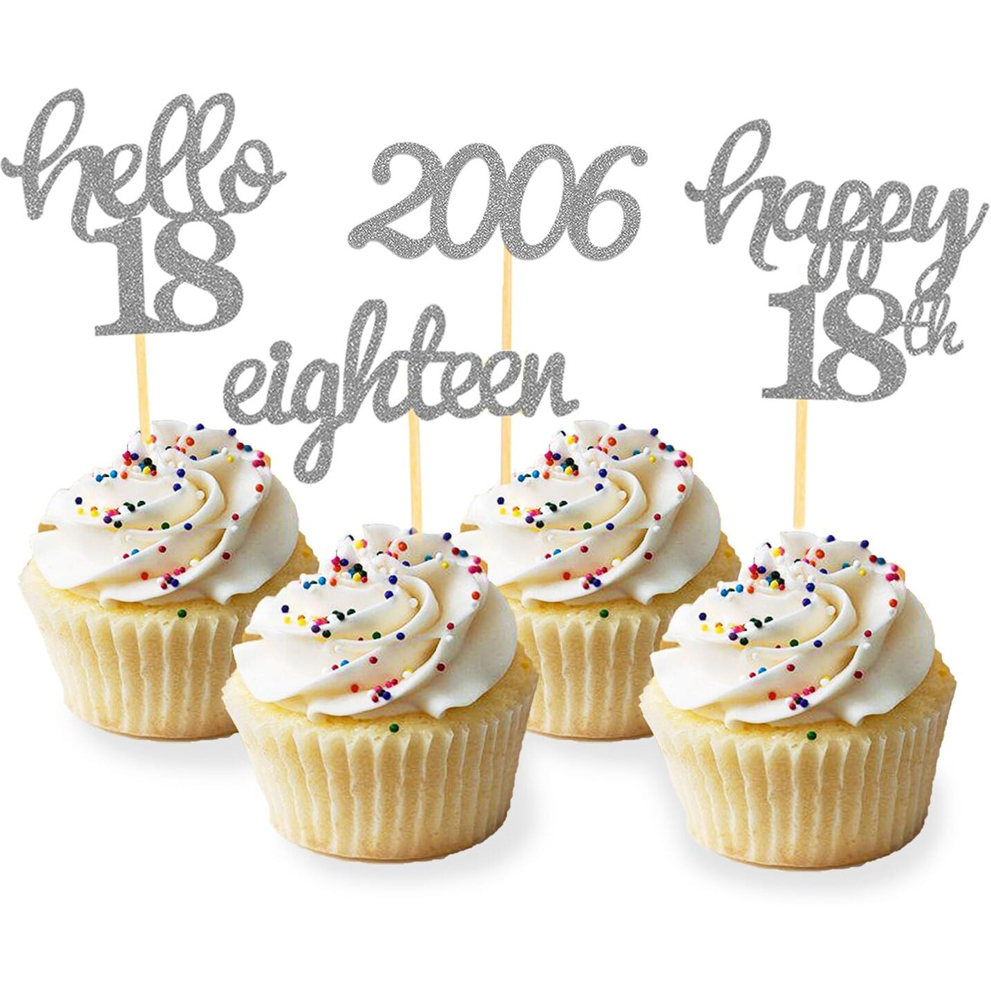 24 Pcs Glitter 18Th Birthday Cupcake Toppers For Celebrating 18Th Birthday Party Decorations For Eighteen Years Old Birthday Party Supplies (Silver)