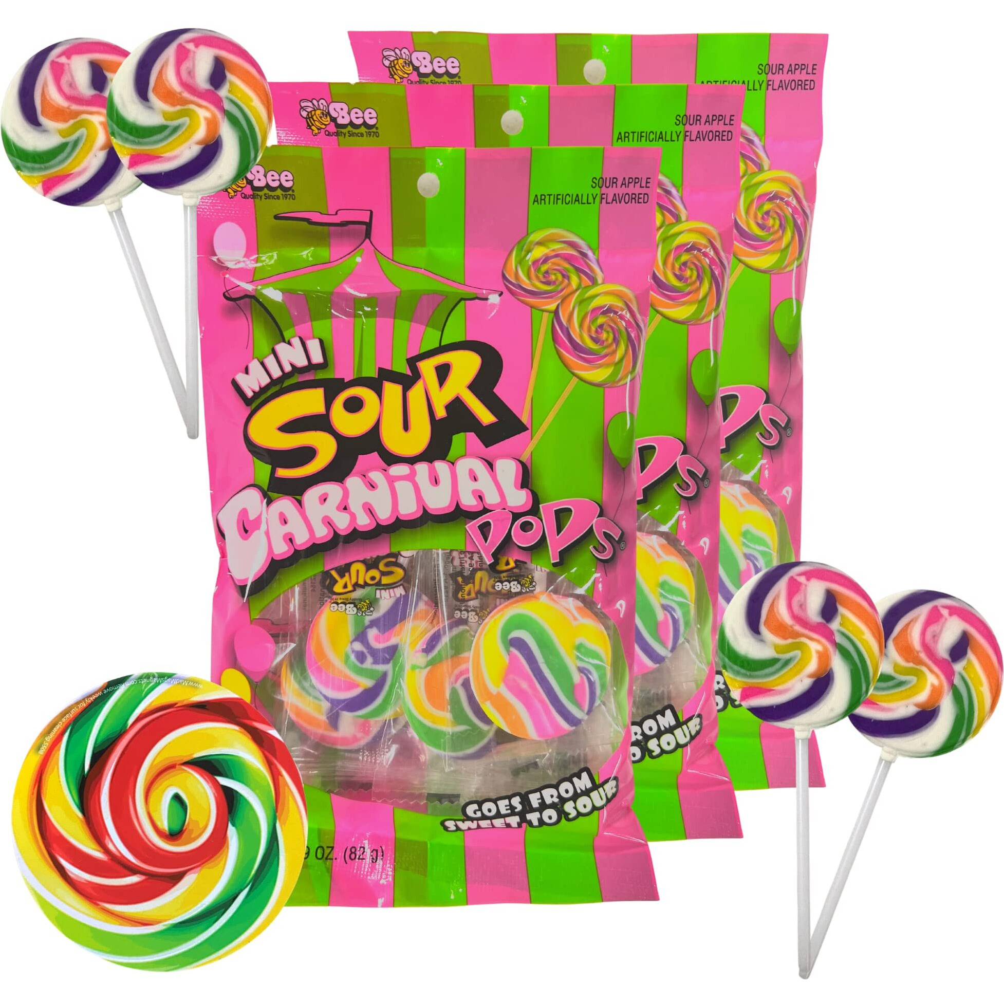 Mini Carnival Lollipop Packs, Shareable Individually Wrapped Traditional Multi Colored Swirl Pops, 7 Lollipops Per Bag, 3 Pack (Sour)