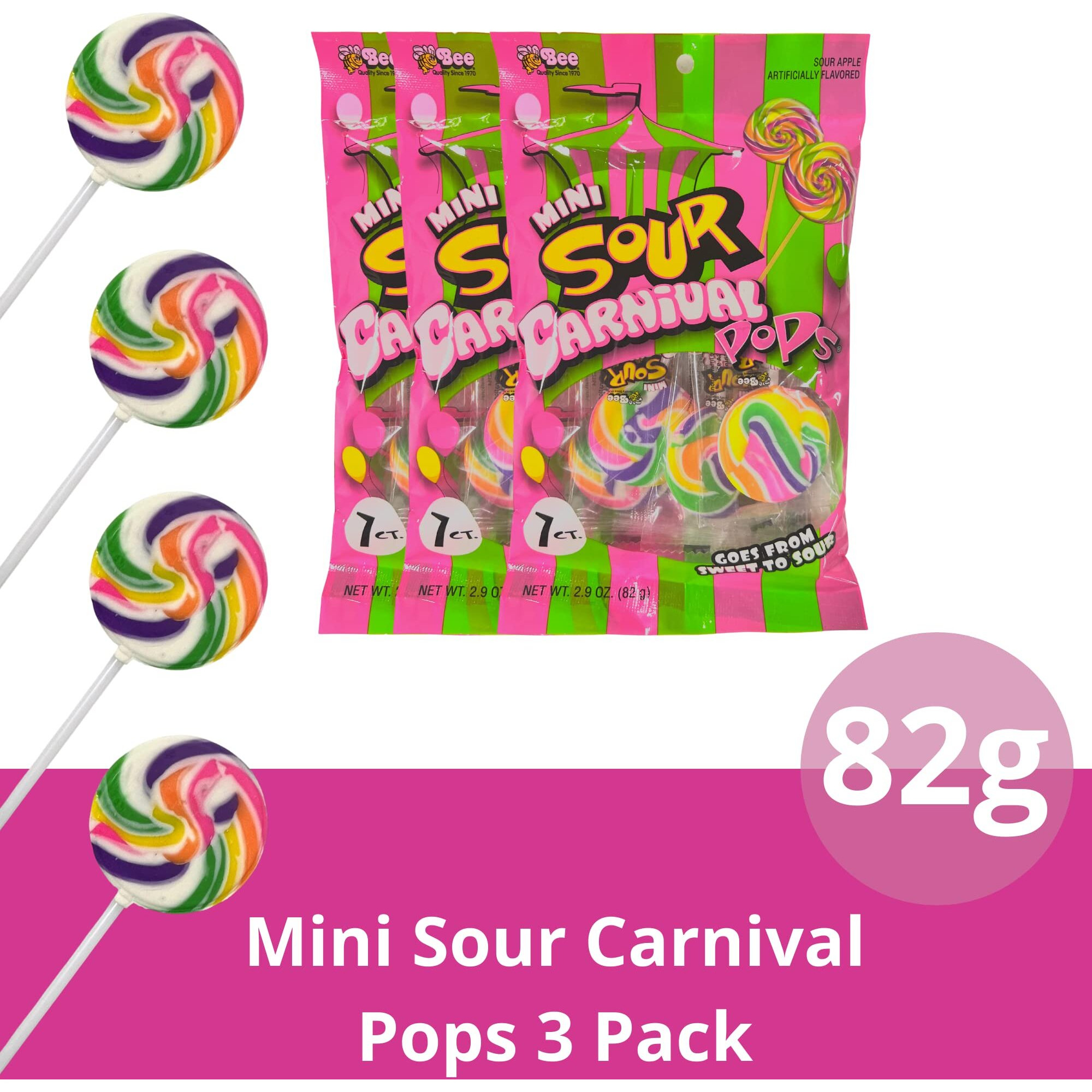 Mini Carnival Lollipop Packs, Shareable Individually Wrapped Traditional Multi Colored Swirl Pops, 7 Lollipops Per Bag, 3 Pack (Sour)