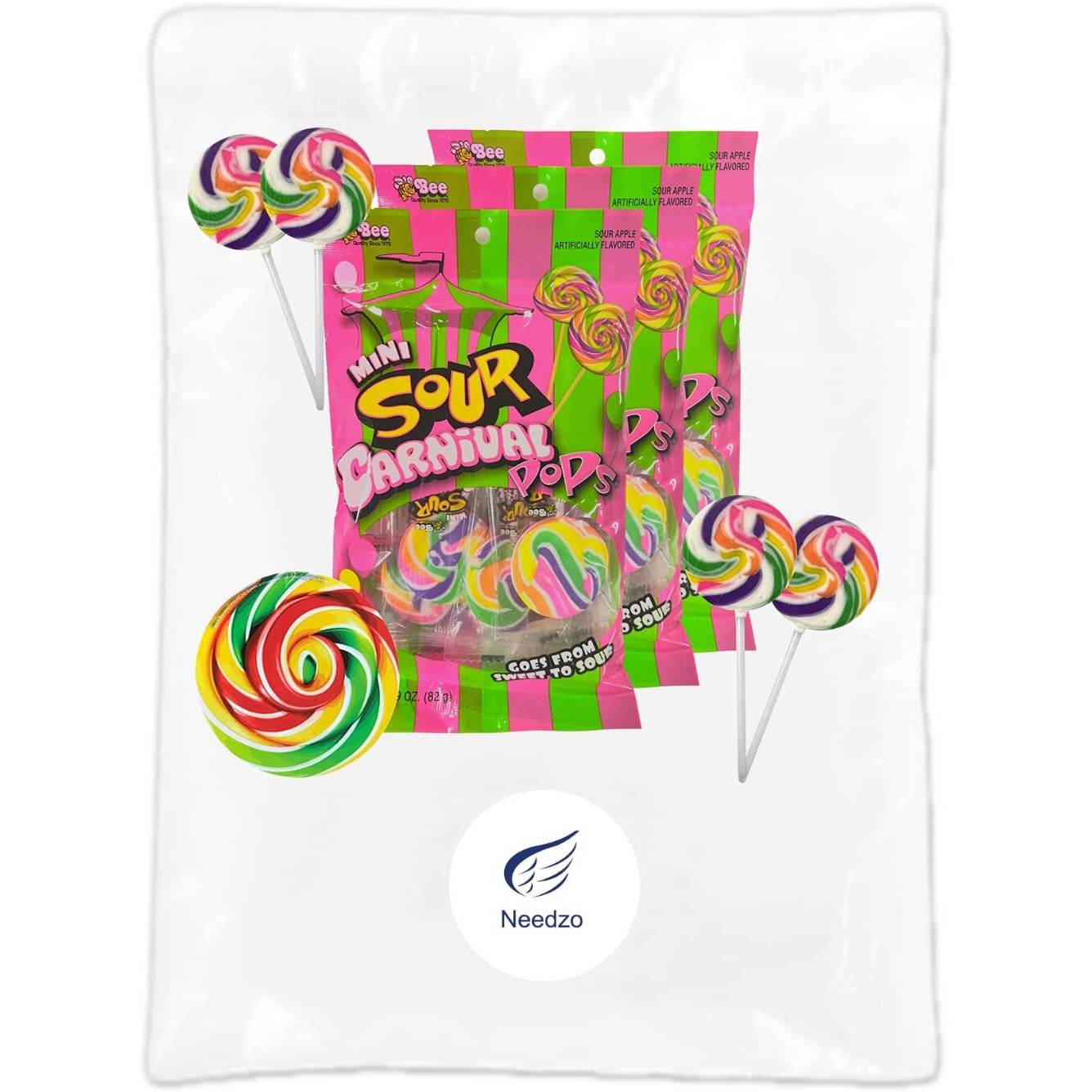 Mini Carnival Lollipop Packs, Shareable Individually Wrapped Traditional Multi Colored Swirl Pops, 7 Lollipops Per Bag, 3 Pack (Sour)