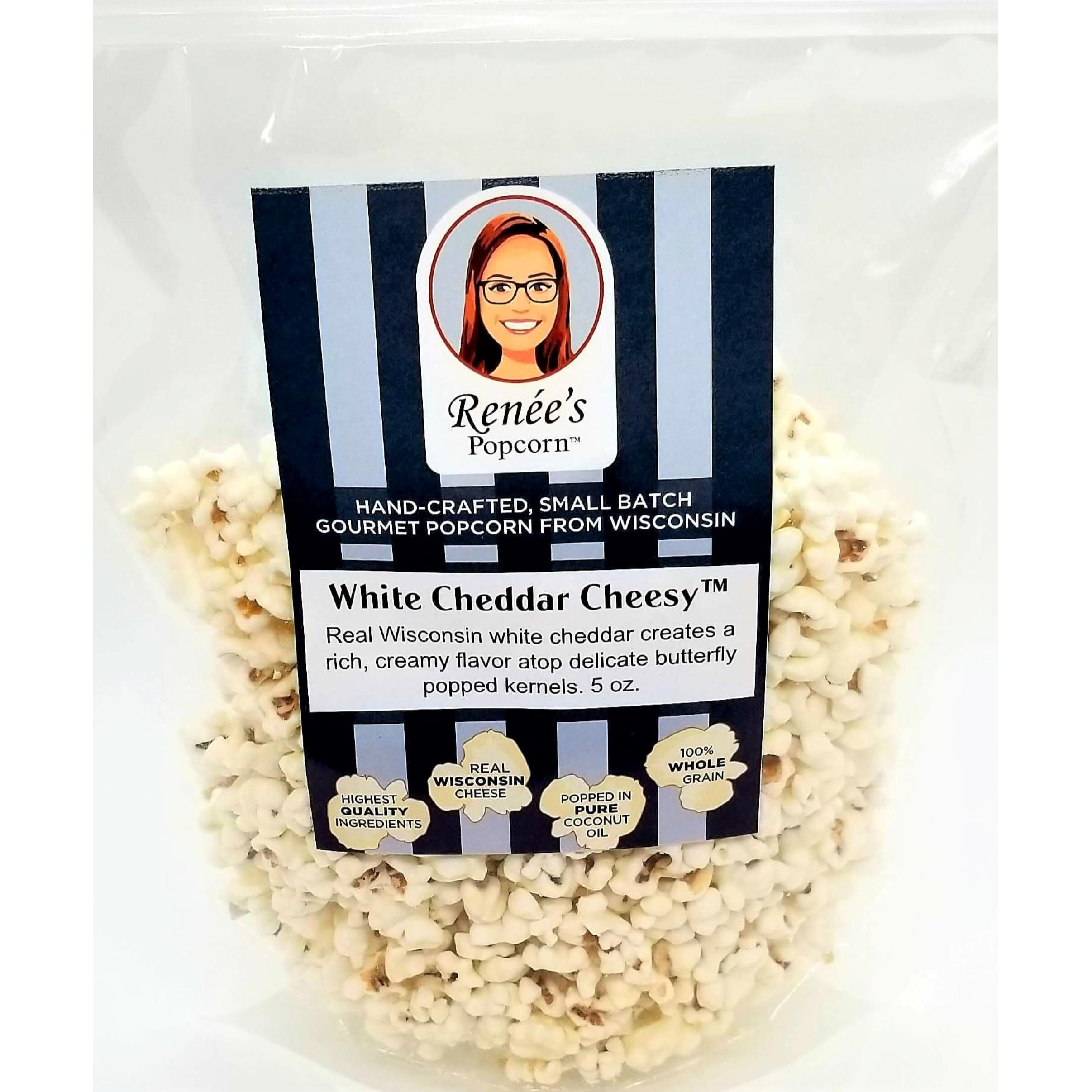 Ren  Es White Cheddar Cheesy Gourmet Popcorn - Real Wisconsin White Cheddar Cheese Is Smooth And Creamy On Fresh Popped Corn, Snack Or Gift - Resealable, 5Oz Family Size Bag.