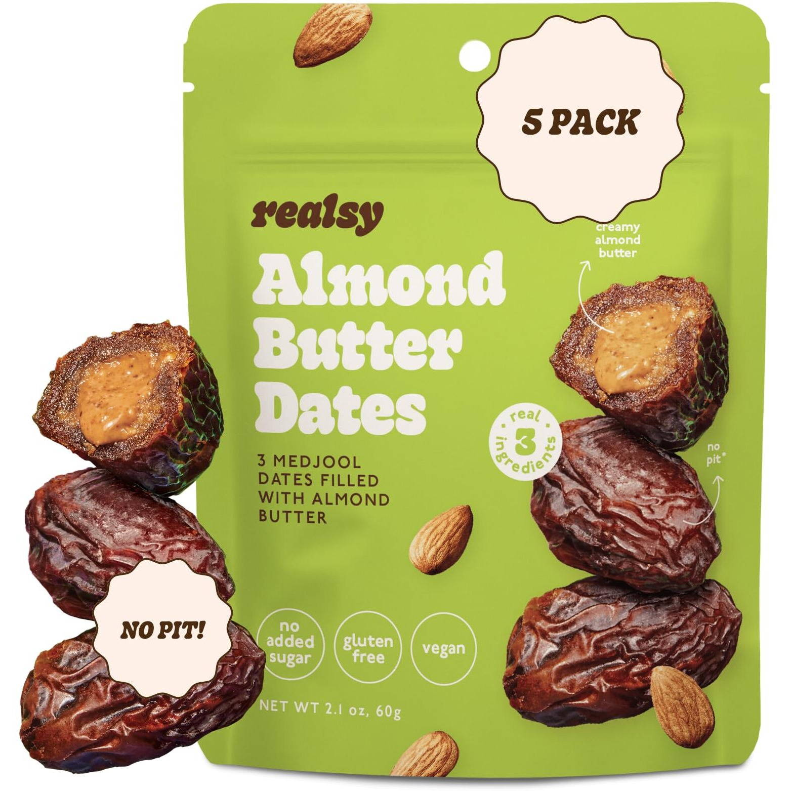 Realsy Pitted & Stuffed Medjool Dates, Organic Dates With No Sugar Added, Gluten-Free, Vegan, Good Source Of Fiber, Low Glycemic Index, All Natural Healthy Snack (Almond Butter 5 Pack)