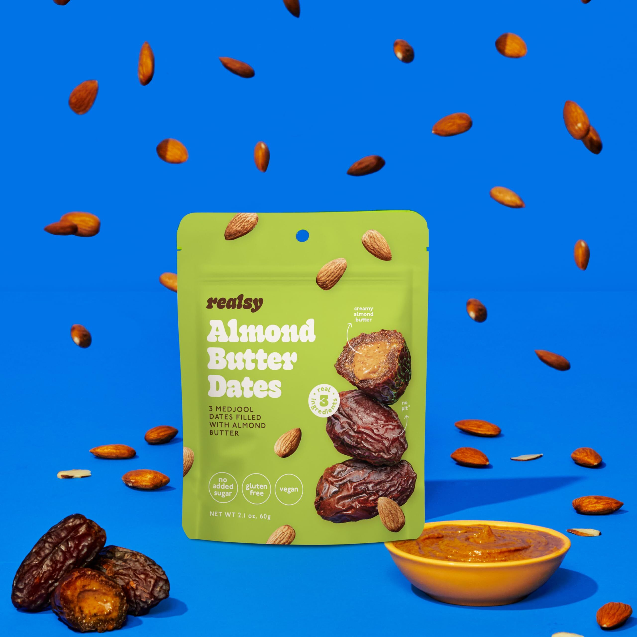 Realsy Pitted & Stuffed Medjool Dates, Organic Dates With No Sugar Added, Gluten-Free, Vegan, Good Source Of Fiber, Low Glycemic Index, All Natural Healthy Snack (Almond Butter 5 Pack)