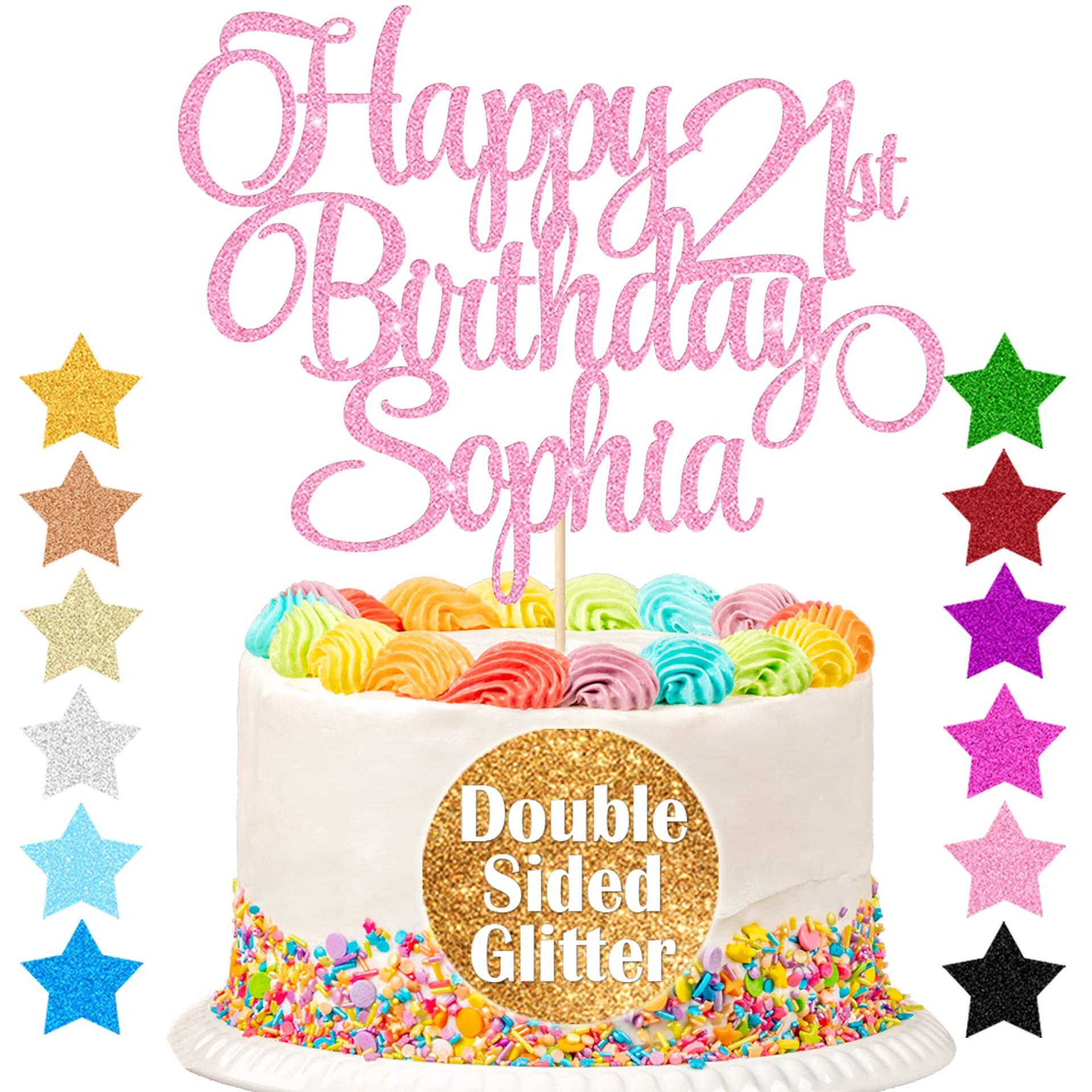 Happy Birthday Cake Topper Personalized Cake Topper Birthday Decoration With Any Age & Name 11 Colors Double-Sided Glitter Cake Topper Gifts For 13Th 16Th 18Th 21St 30Th 50Th 60Th (Baby Pink)