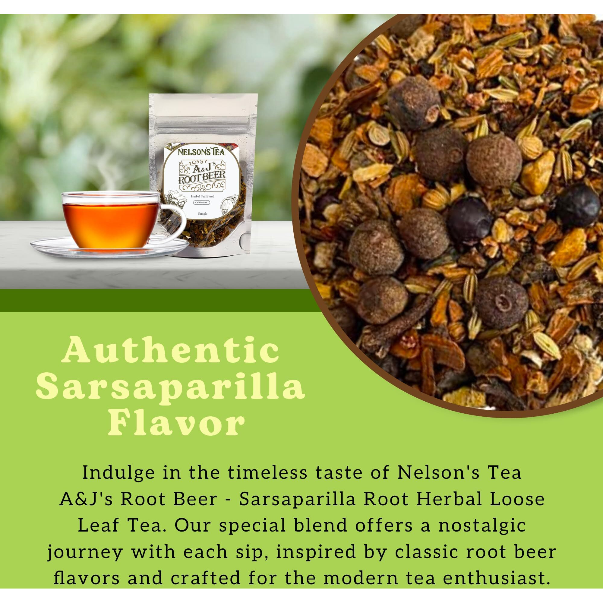 Nelson's Tea A&J's Root Beer - Organic Sarsaparilla Root Herbal Loose Leaf Tea - A Harmonious Blend Of Flavorful Ingredients Like Sarsaparilla, Burdock Root, Birch Bark, And More (Sample)