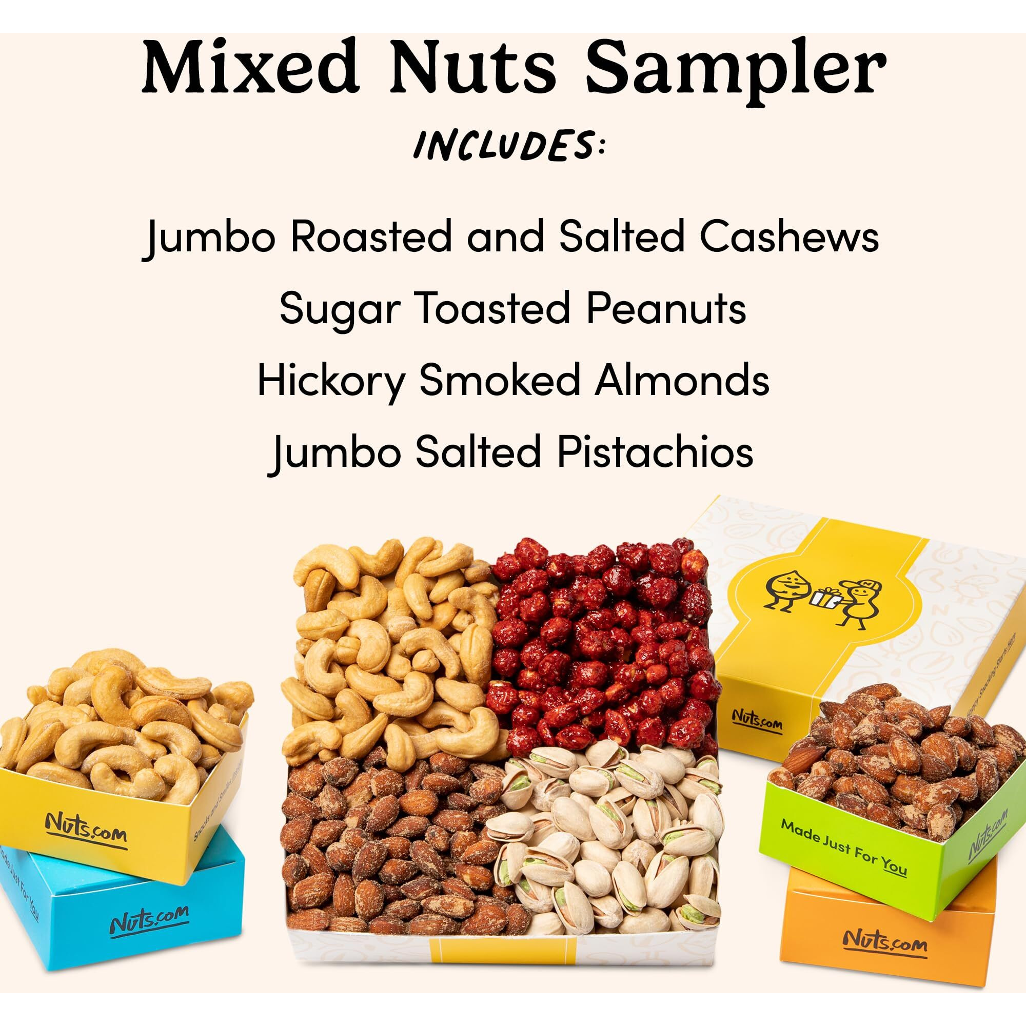 Nuts.Com Mixed Nut Sampler - Variety Snack Box For Fall, Halloween, Thanksgiving, Christmas, And Holiday Gifts - 1.25Lb Gift Package Includes Pistachios, Peanuts, Hickory Smoked Almonds, Roasted And Salted Cashews