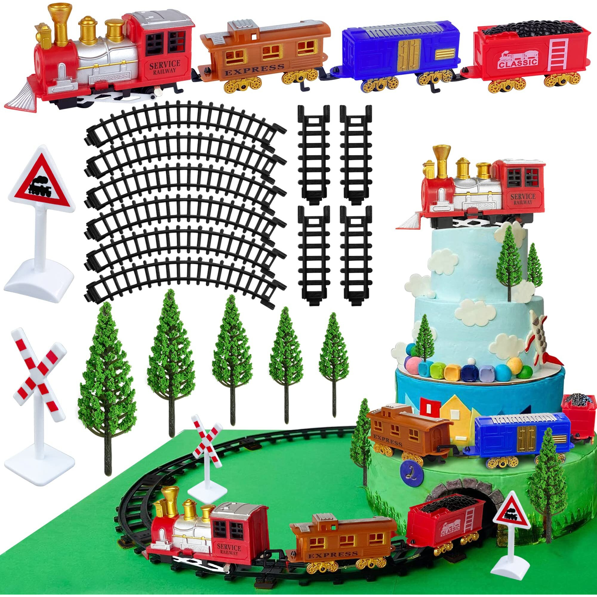 21Pcs Train Cake Decorations Train Cake Toppers Train Birthday Party Supplies Mini Train Toys Train Track Traffic For Birthday Railway Steam Train Theme Party Decorations