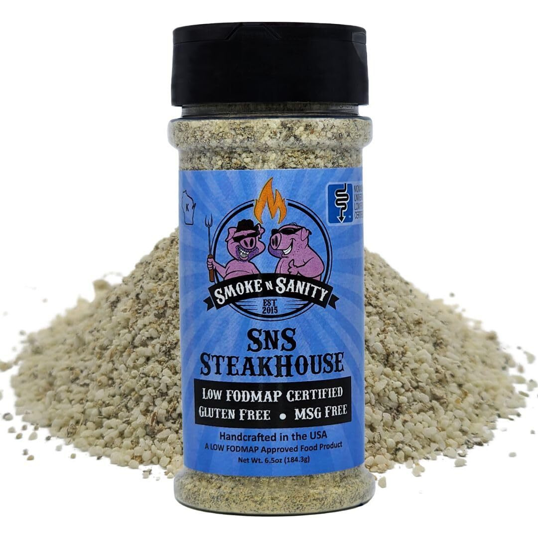 Smoke N Sanity Sns Steakhouse | Sensitive Stomach Approved | Full Flavor | Monash Certified Low Fodmap | Gluten Free | Certified Kosher | Dairy Free, Low Fodmap Foods | 6.5 Oz Shaker