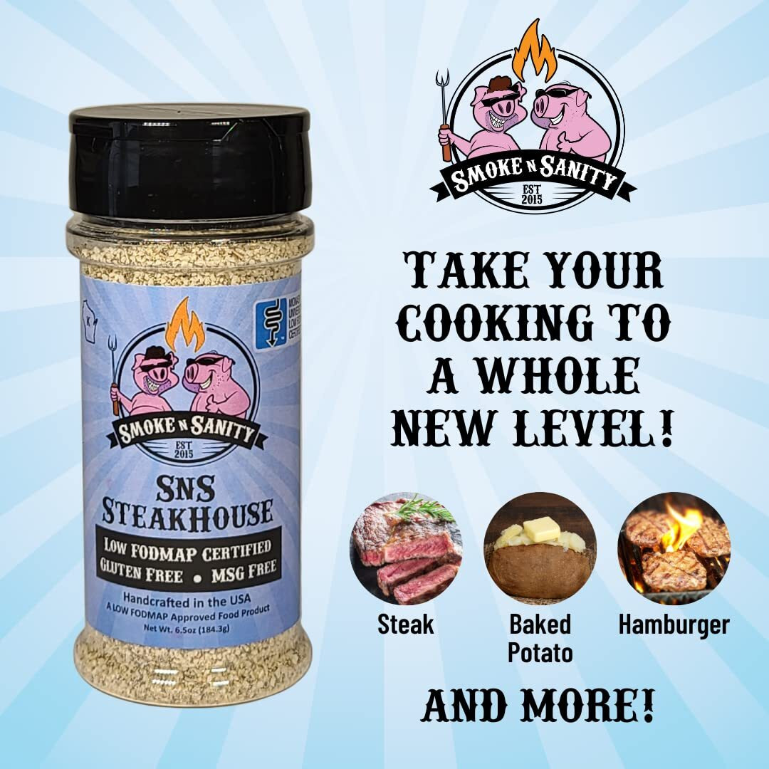 Smoke N Sanity Sns Steakhouse | Sensitive Stomach Approved | Full Flavor | Monash Certified Low Fodmap | Gluten Free | Certified Kosher | Dairy Free, Low Fodmap Foods | 6.5 Oz Shaker