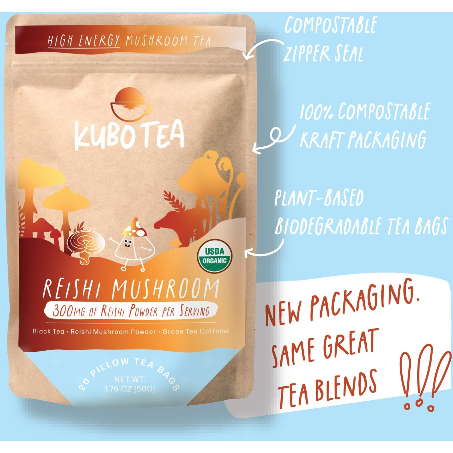 Kubo Tea, Reishi Breakfast Black Tea, Organic High Caffeine Tea, 20 Servings (155Mg Caffeine Each), Pillow Tea Bags, Compostable Packaging, Healthy Coffee Substitute