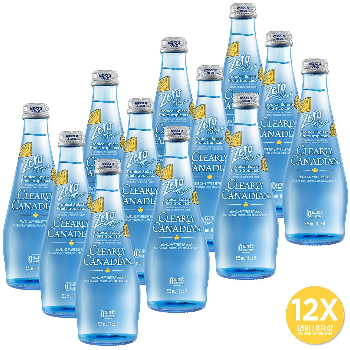 Clearly Canadian Zero Sugar Tropical Splash Sparkling Water Beverage, Zero Sugar & Zero Calories, 1 Case (12 Bottles X 325Ml)