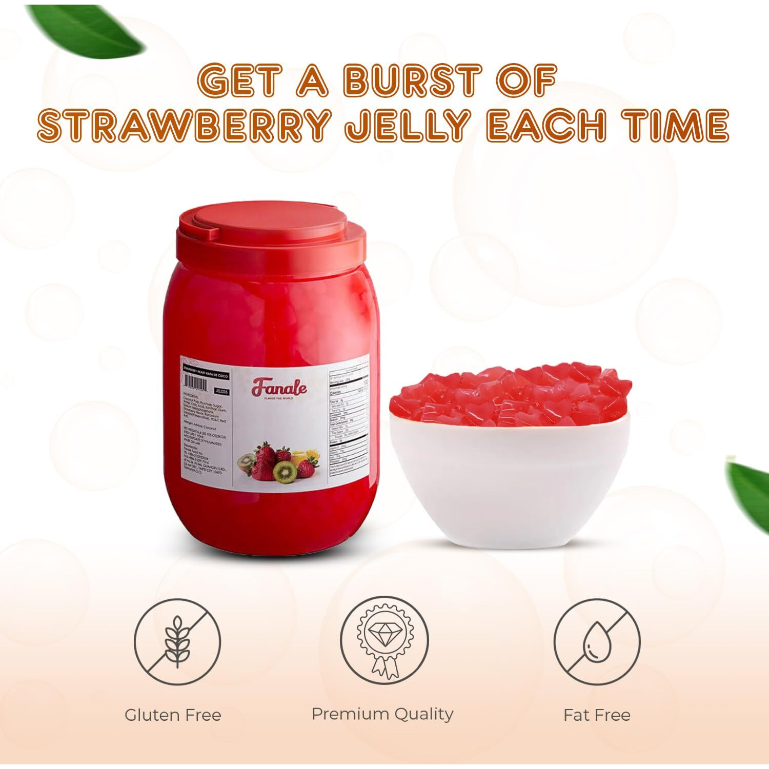 Fanale Coconut Jelly Topping Nata De Coco For Boba Tea | Ice Cream | Yogurt | Smoothie | Milk Tea | Desserts (Strawberry Heart Shaped, 6.6 Lb) | Jel026