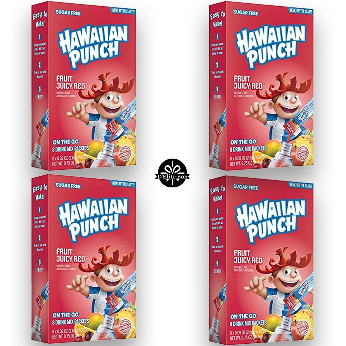 Hawaiian Punch Juicy Red Sugar-Free Powdered Drink Mix 4 Count Of 8 Packets Each For Total Of 32 Sticks Bundle Packaged By D'Elite Box
