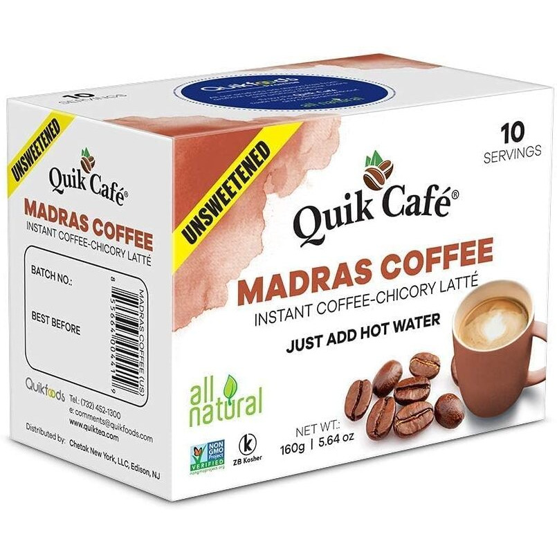 Quik Caf   Unsweetened Madras Coffee - 10 Count - All Natural Preservative Free Authentic Instant Coffee Latte