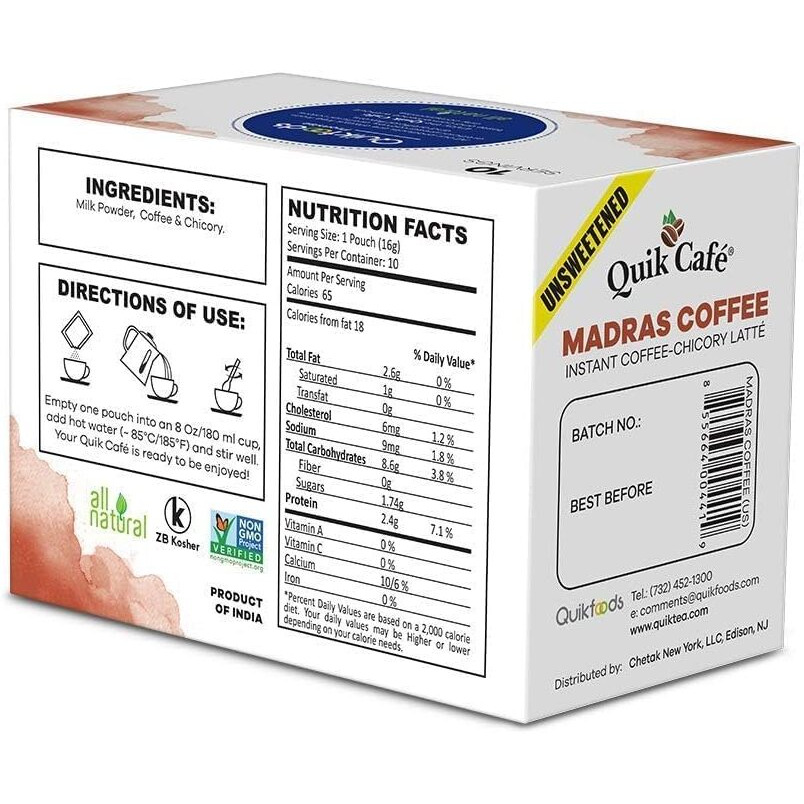 Quik Caf   Unsweetened Madras Coffee - 10 Count - All Natural Preservative Free Authentic Instant Coffee Latte
