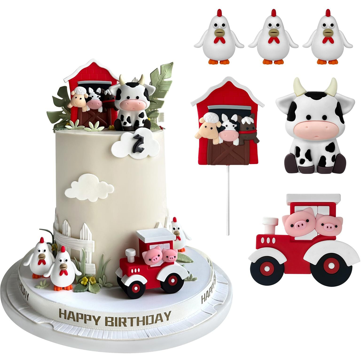 6 Pcs Farm Cake Toppers, Cartoon Animal Cake Topper Decorations For Birthday Party Baby Shower Decor (Red)
