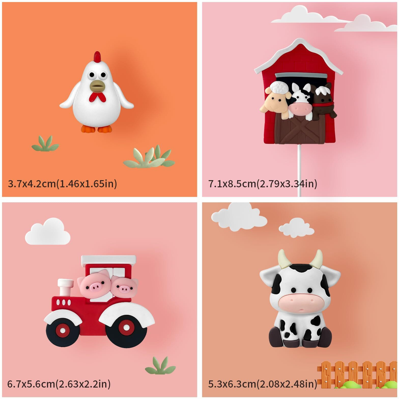 6 Pcs Farm Cake Toppers, Cartoon Animal Cake Topper Decorations For Birthday Party Baby Shower Decor (Red)