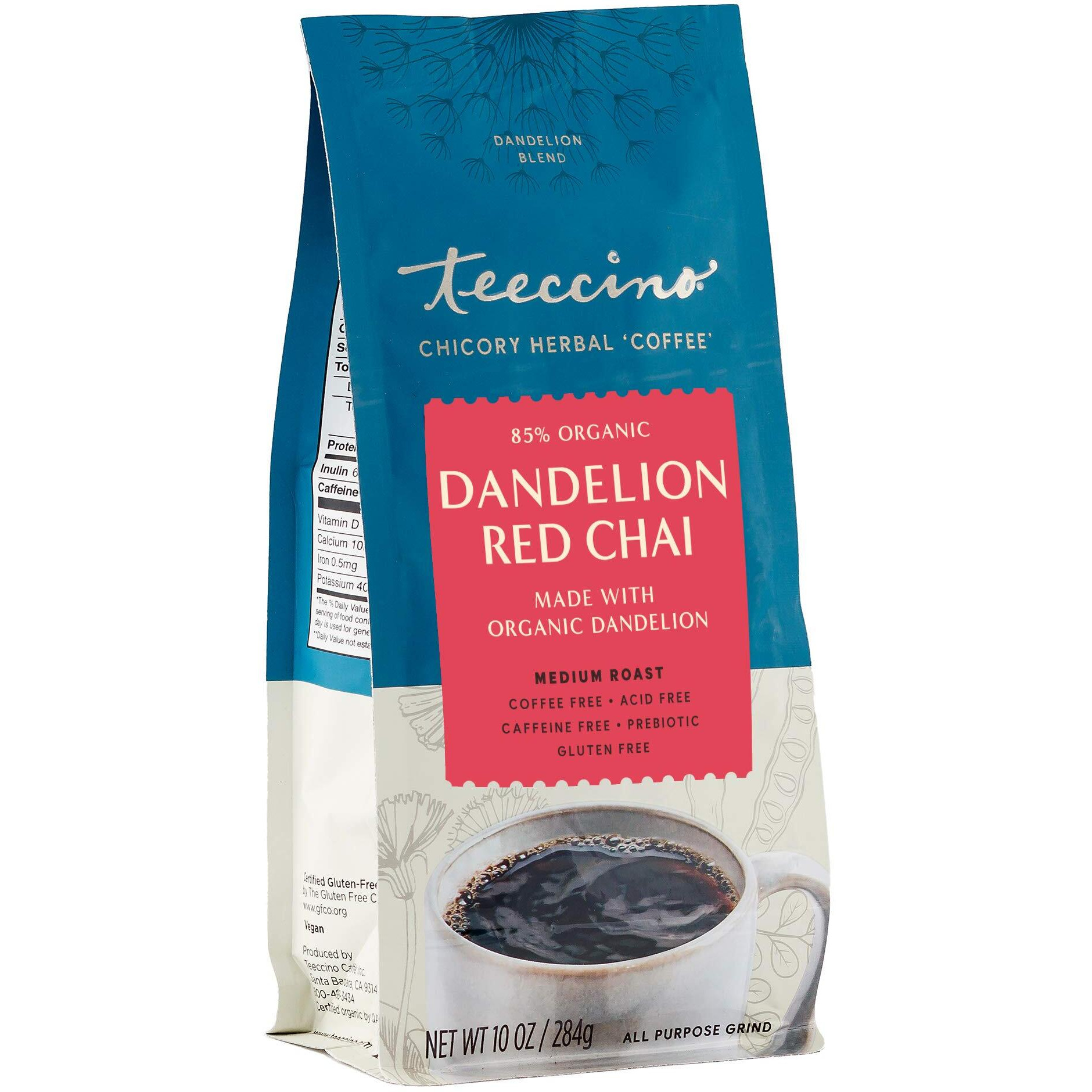 Teeccino Dandelion Red Chai Herbal Coffee - Caffeine-Free Coffee Alternative With Prebiotics, Gluten Free, Acid Free - Medium Roast, 10 Oz