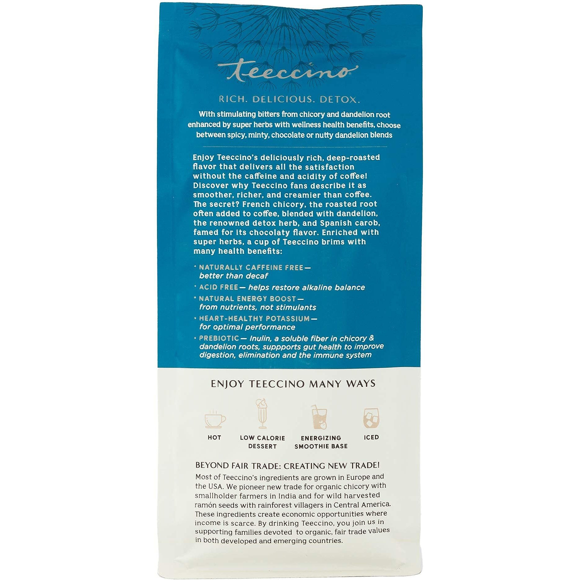 Teeccino Dandelion Red Chai Herbal Coffee - Caffeine-Free Coffee Alternative With Prebiotics, Gluten Free, Acid Free - Medium Roast, 10 Oz