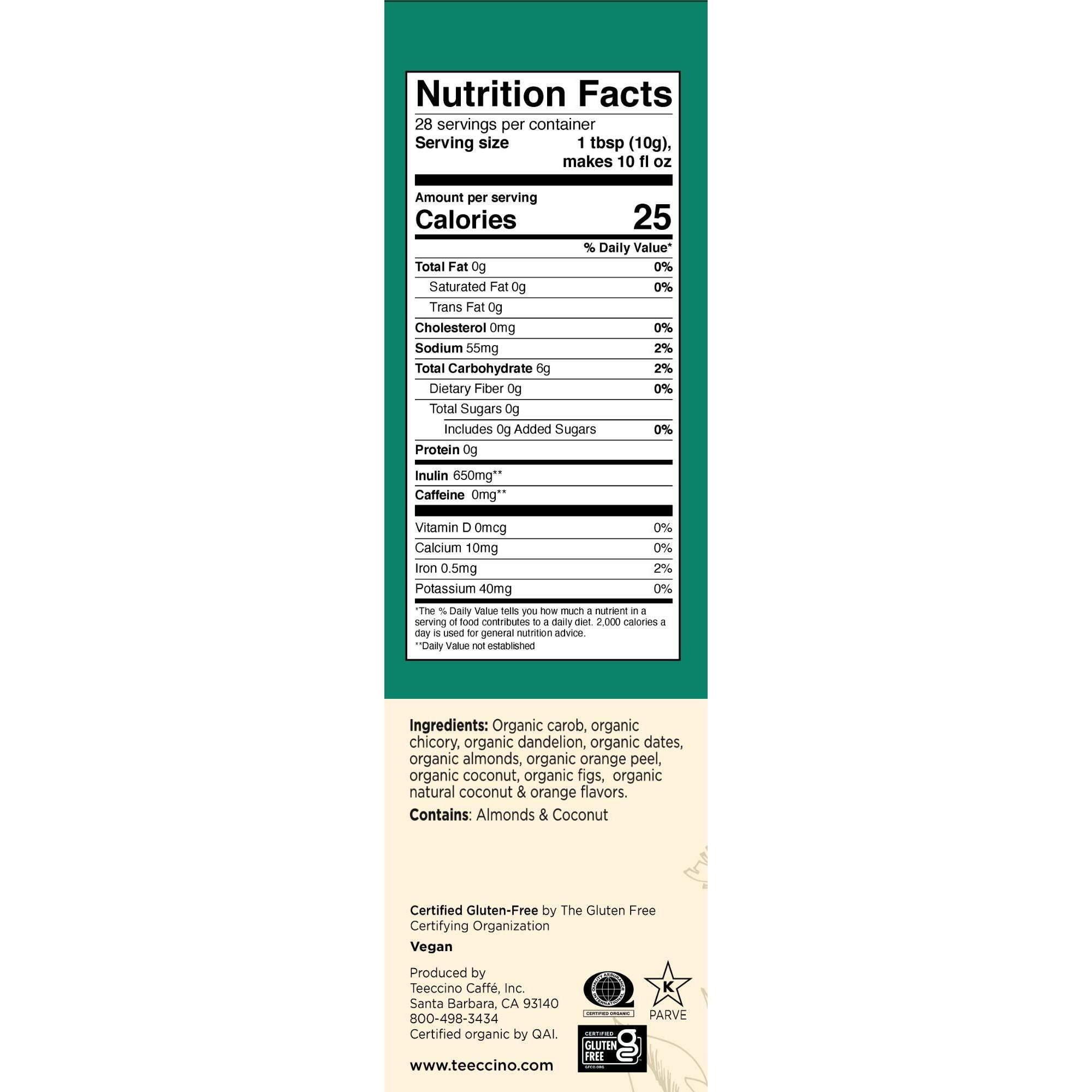 Teeccino Dandelion Red Chai Herbal Coffee - Caffeine-Free Coffee Alternative With Prebiotics, Gluten Free, Acid Free - Medium Roast, 10 Oz