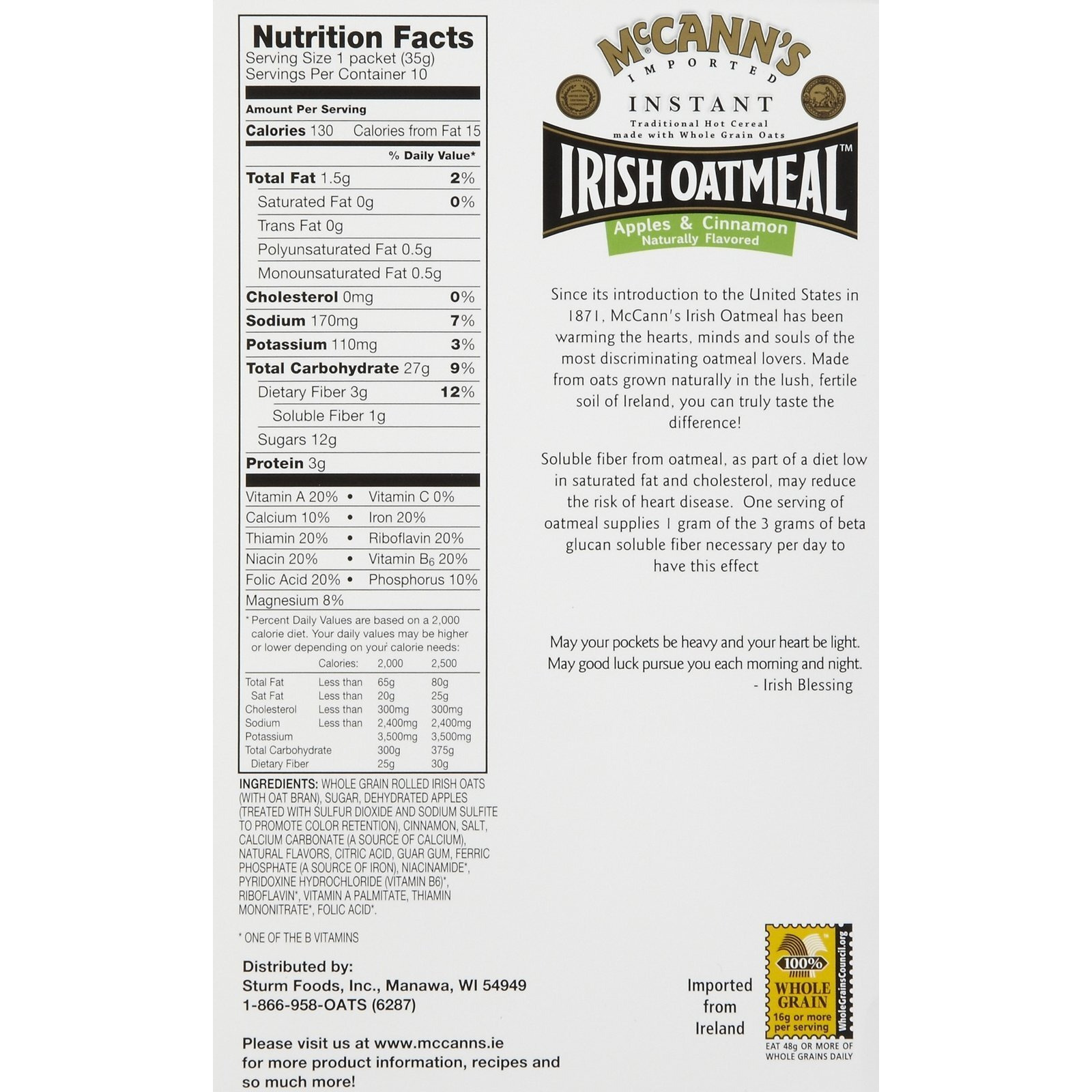 Mccann's Instant Irish Oatmeal - Apple Cinnamon - 12.3 Oz - 10 Ct