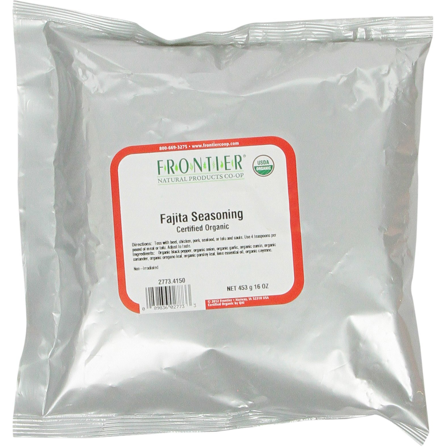 Frontier Co-Op Fajita Seasoning, 1-Pound Bulk Bag, Great For Beef Or Chicken Tacos, Smoky Chili Heat, Certified Organic