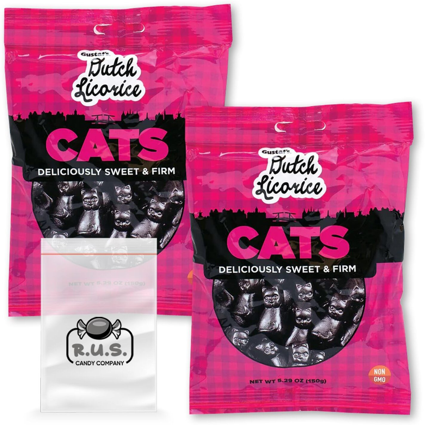 Gustaf's Dutch Licorice Cats, 2 Pack - 5.29 Oz Each | Authentic Dutch Candy | Imported Licorice Treats - Bundle Comes With Rus Candy Company Travel Size Bags (Cats)