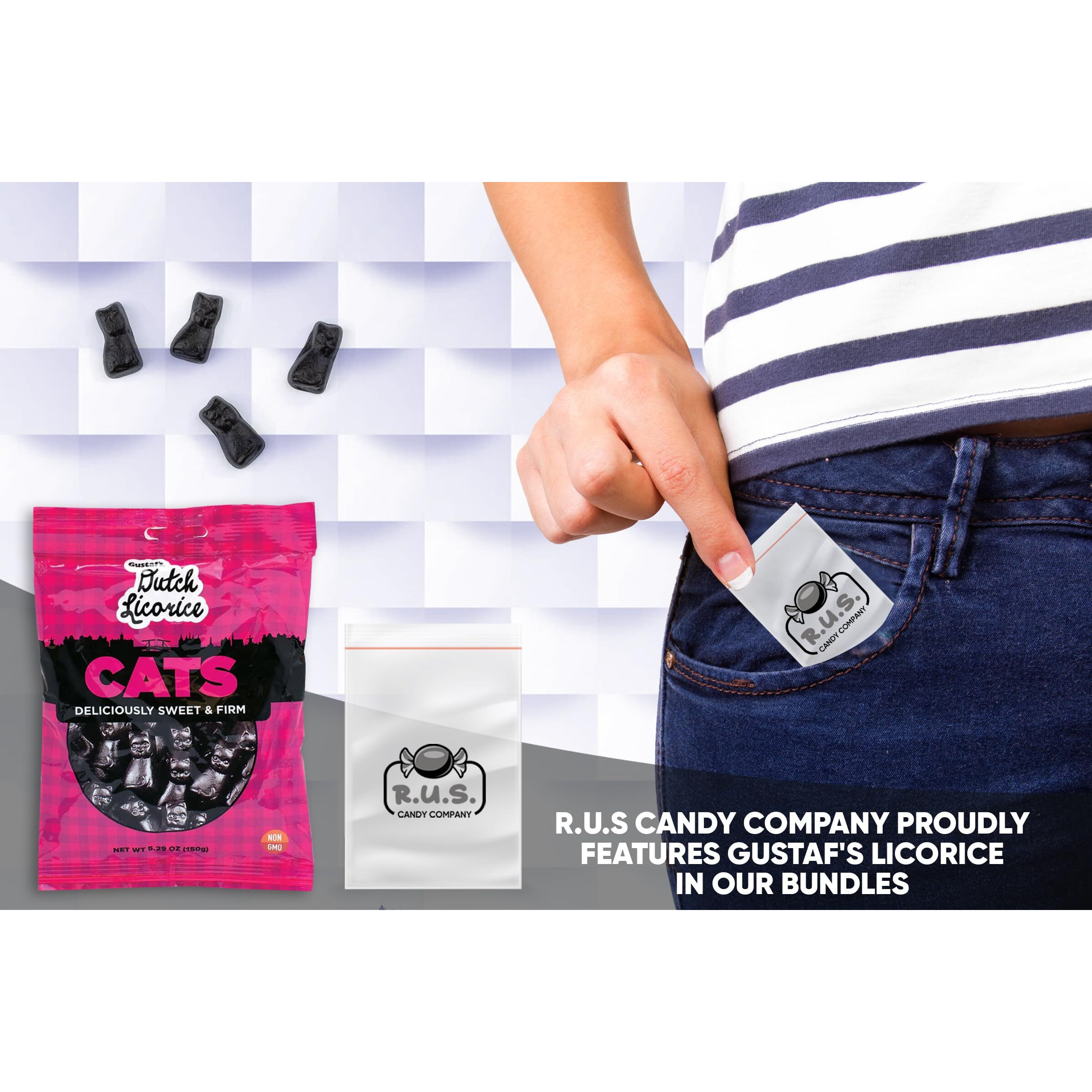 Gustaf's Dutch Licorice Cats, 2 Pack - 5.29 Oz Each | Authentic Dutch Candy | Imported Licorice Treats - Bundle Comes With Rus Candy Company Travel Size Bags (Cats)