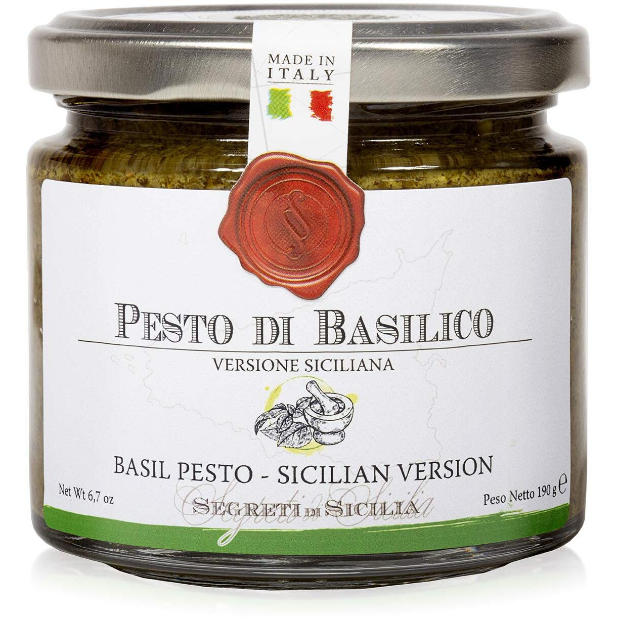 Frantoi Cutrera Classic Basil Pesto Sauce For Pasta And Bruschetta Topping, Creamy Italian Spread With Basil, Pistachio, Almonds, And Evoo, Product Of Sicily, Italy Glass Jar, 6.7 Oz (190G)