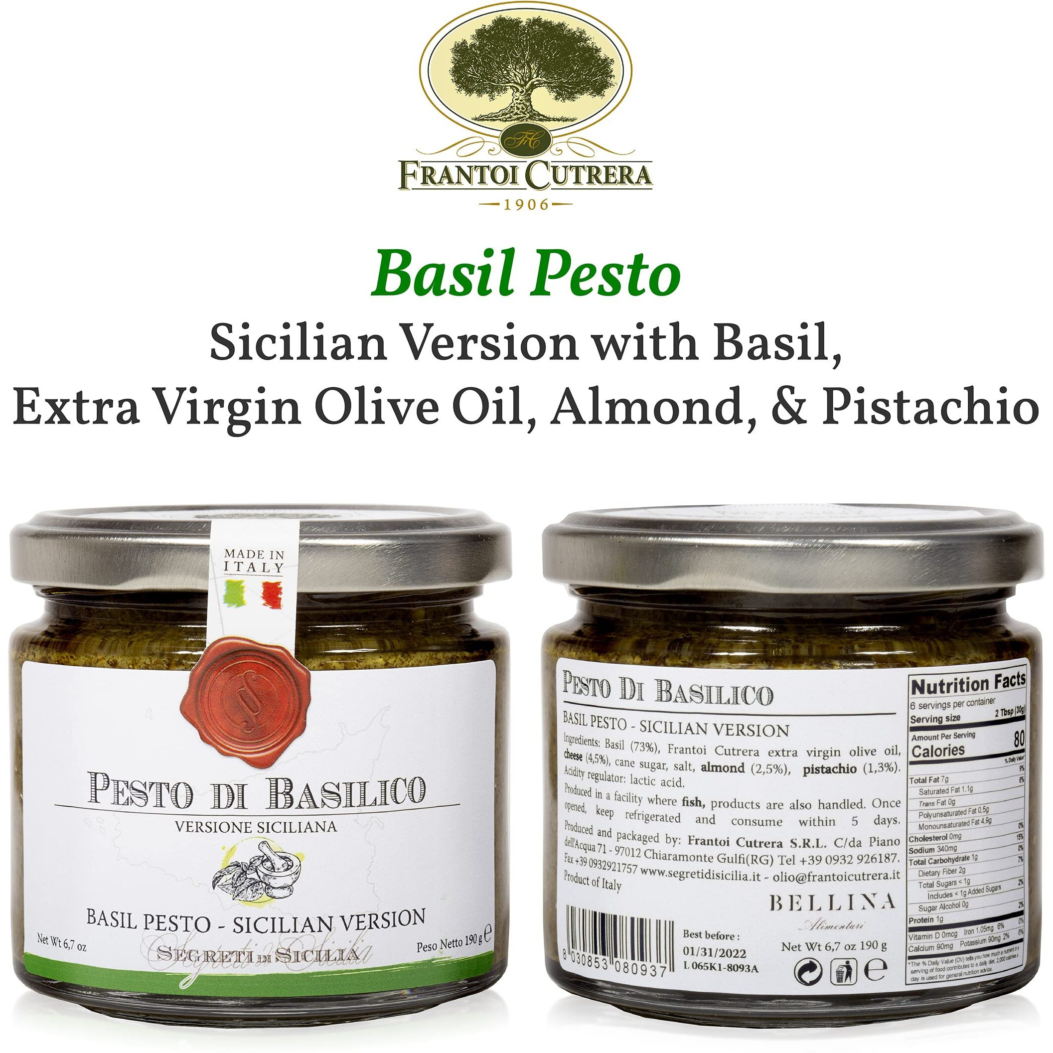 Frantoi Cutrera Classic Basil Pesto Sauce For Pasta And Bruschetta Topping, Creamy Italian Spread With Basil, Pistachio, Almonds, And Evoo, Product Of Sicily, Italy Glass Jar, 6.7 Oz (190G)