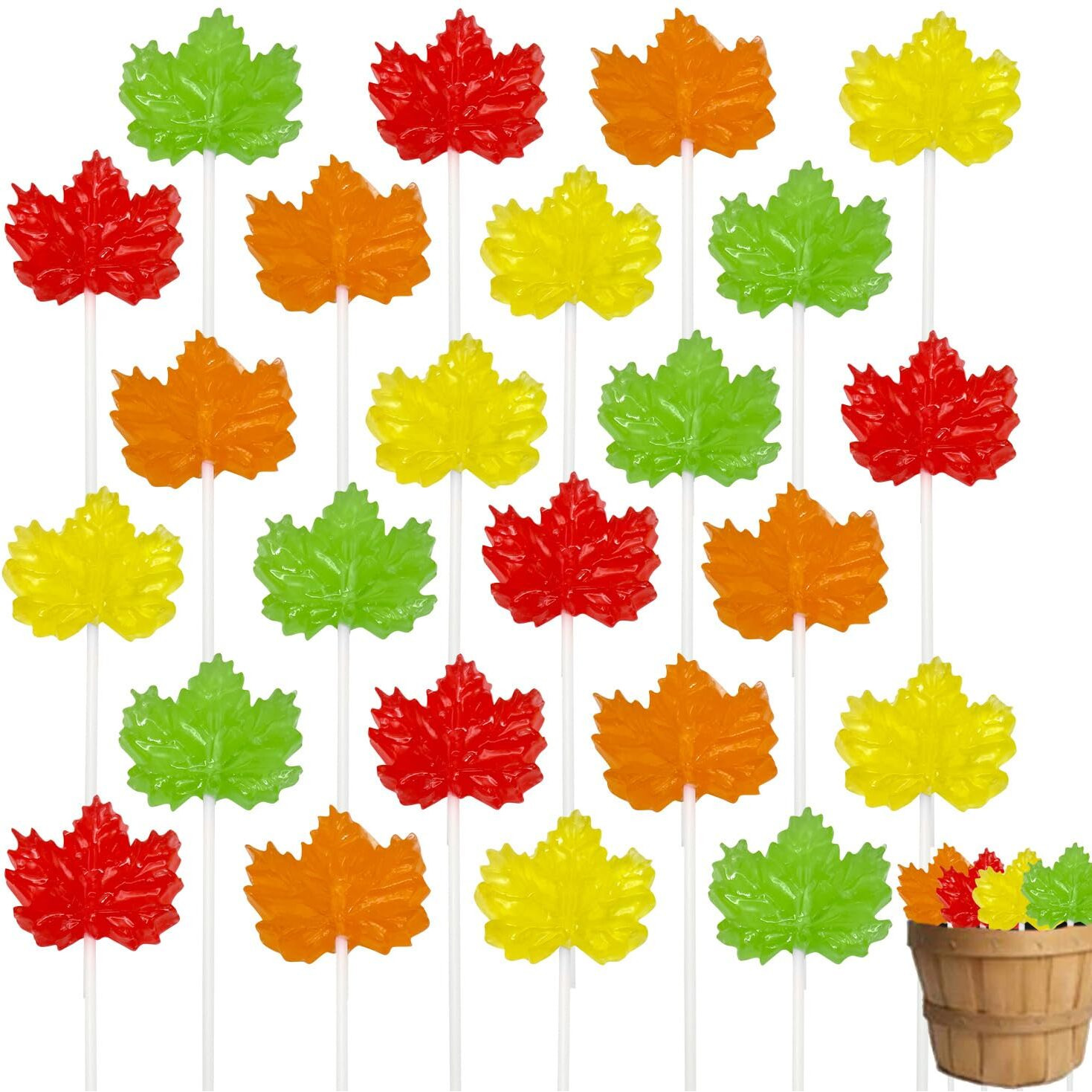 Maple Leaf Candy Lollipops - 24 Fall Suckers Individually Wrapped Bulk (24 Count, Grapefruit, Lemon, Apple, Maple Cinnamon)
