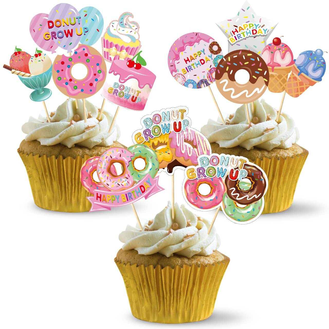 48Pcs Donut Birthday Party Supplies Donut Grow Up Cupcake Toppers, Donut Theme Party Cake Decorations, Doughnut Happy Birthday Cupcake Decor For Baby Girl