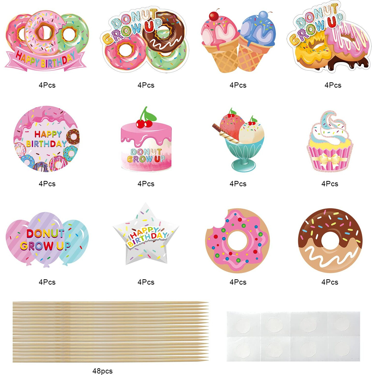 48Pcs Donut Birthday Party Supplies Donut Grow Up Cupcake Toppers, Donut Theme Party Cake Decorations, Doughnut Happy Birthday Cupcake Decor For Baby Girl
