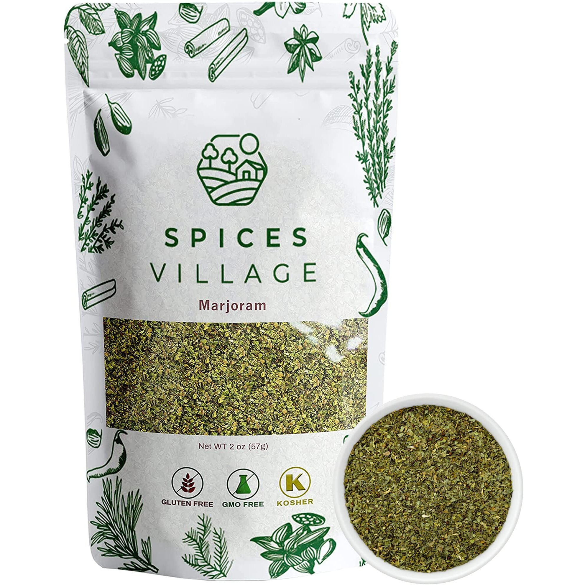 Spices Village Marjoram Leaves [ 1.4 Oz ] - All Natural Fresh Dried Marjoram Herb, Mediterranean Spice Seasoning Herbal Tea - Kosher, Gluten Free, Vegan, Non Gmo, Resealable Bulk Bag