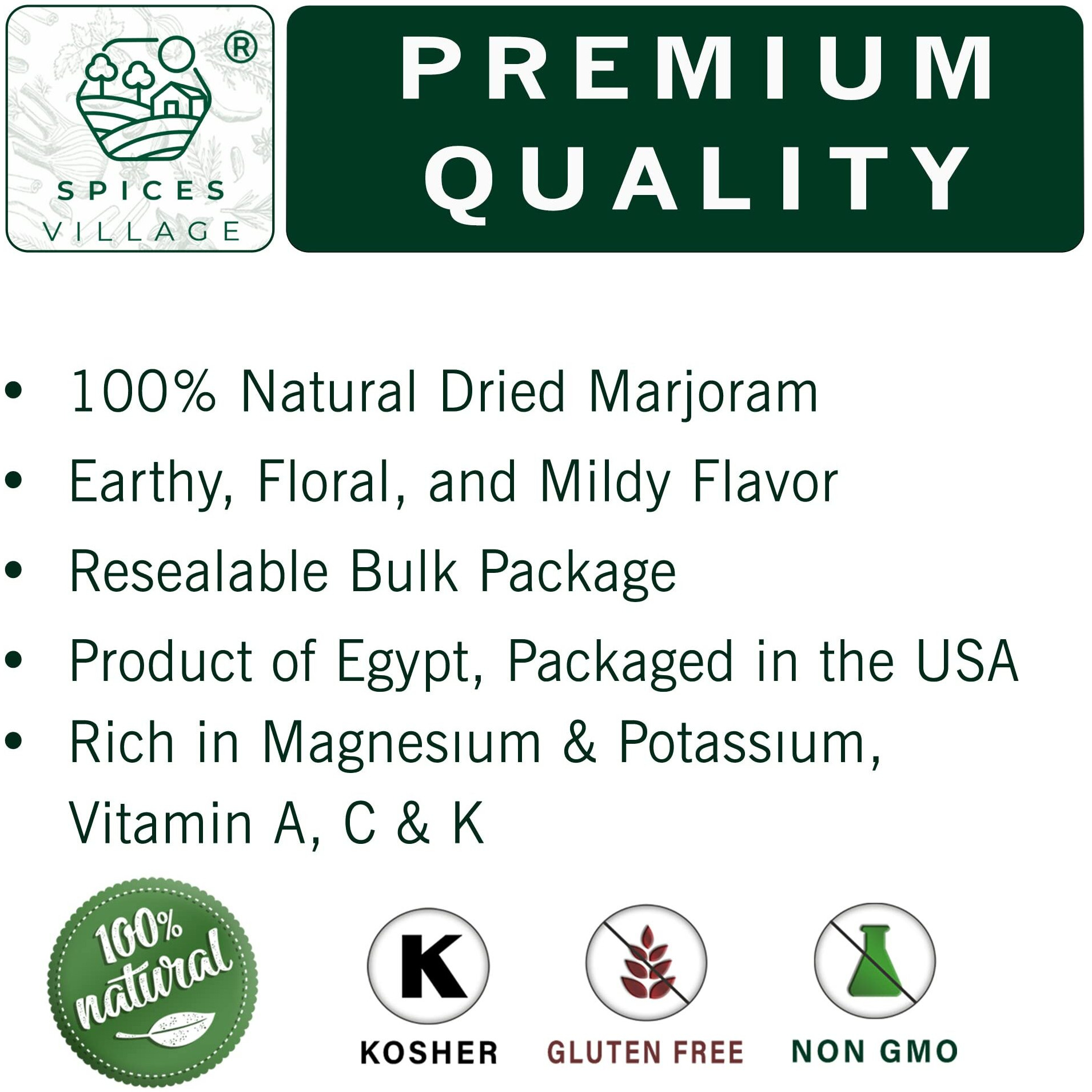 Spices Village Marjoram Leaves [ 1.4 Oz ] - All Natural Fresh Dried Marjoram Herb, Mediterranean Spice Seasoning Herbal Tea - Kosher, Gluten Free, Vegan, Non Gmo, Resealable Bulk Bag